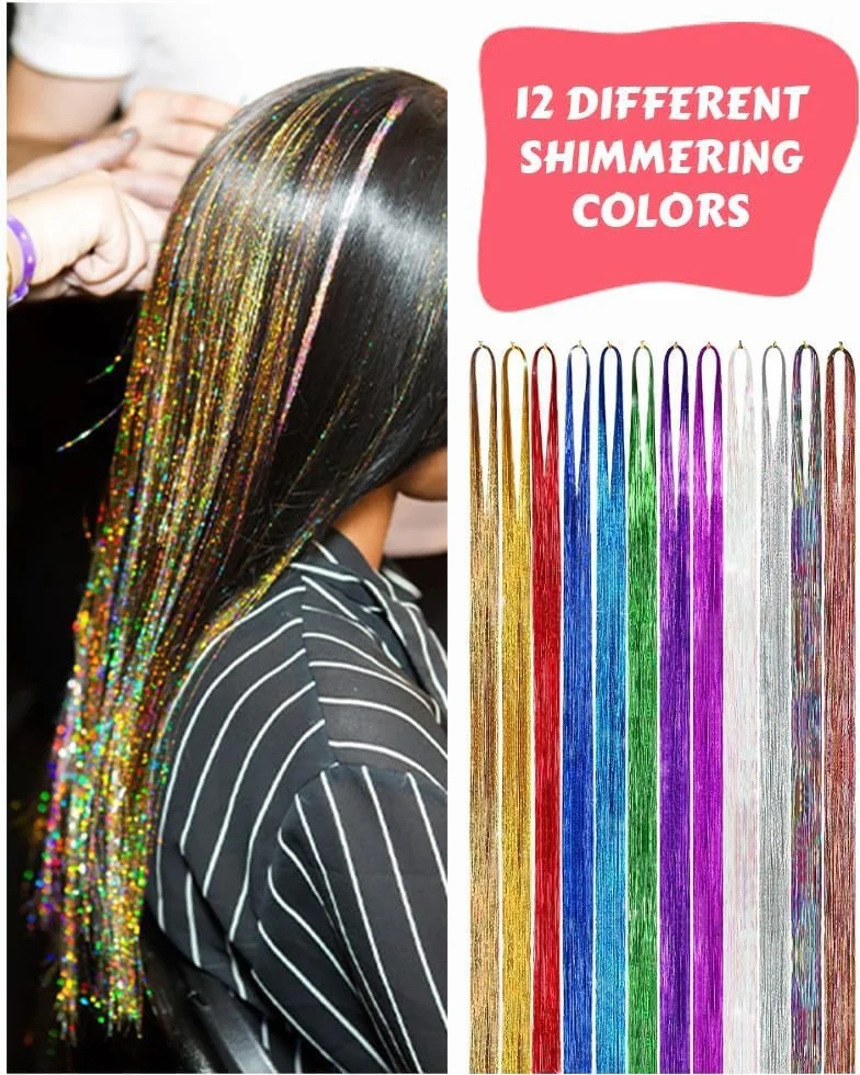 Tinsel Lametta przedłużanie włosów, 120 cm, kolorowe włosy, na Halloween, Boże Narodzenie, ozdoba do włosów, dekoracja z narzędziami, silikonowe pierścienie, koraliki, 12 kolorów, 2400 pasemek