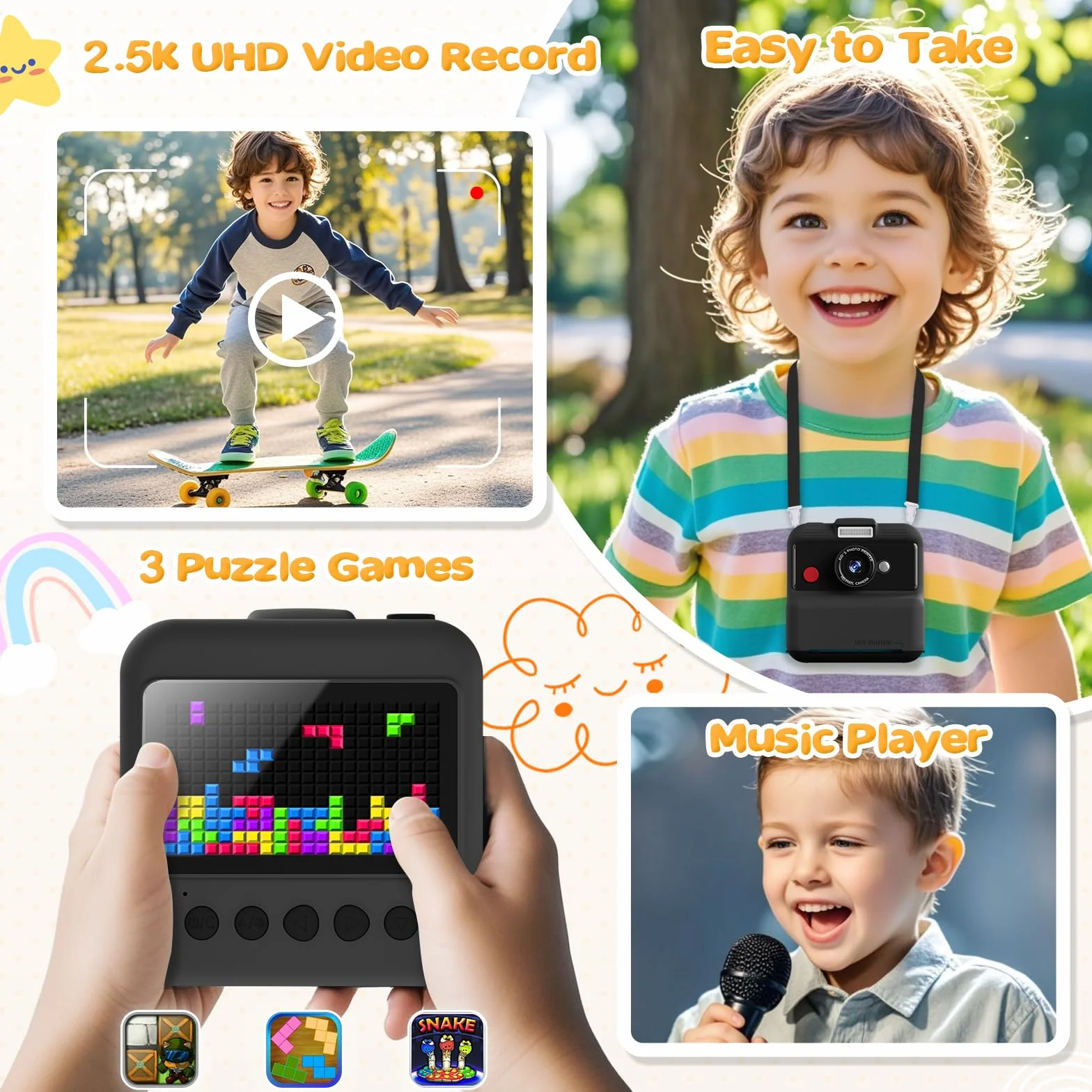 Aparat błyskawiczny dla dzieci, 3,0 cala, aparat cyfrowy dla dzieci, 48 MP/2,5K UHD Aparat dziecięcy z kartą 32 GB, znakomita zabawka na prezent dla chłopców, dziewcząt, 3-12 lat (czarny)