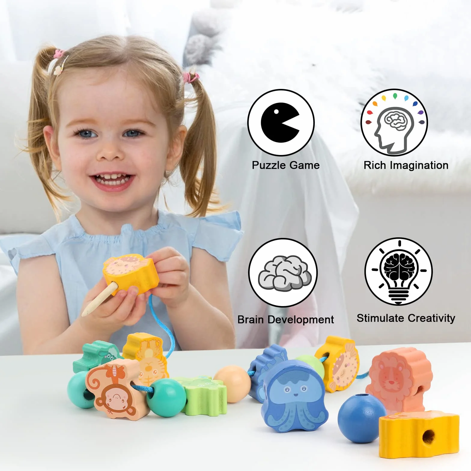 TRUEIN 32 koraliki do nawlekania dzieci w wieku 2-5 lat, drewniane zwierzęta Montessori, zabawki edukacyjne, prezent urodzinowy dla chłopców i dziewcząt