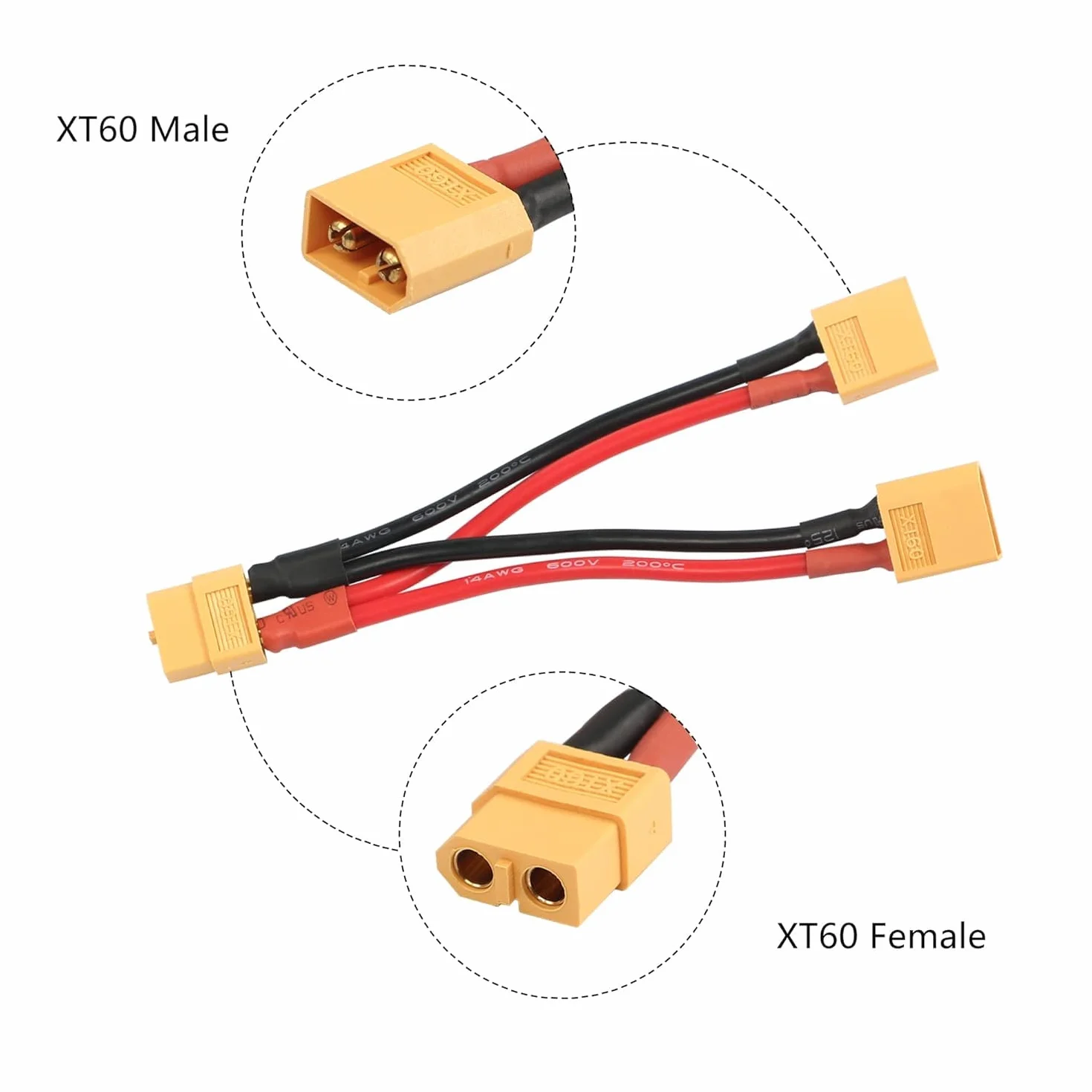 XT60 adapter złącza akumulatora równoległego Dual Extension XT60 Y Splitter 1 męski na 2 żeński kabel 14 AWG do helikoptera w trybie RC Quadcopter (1 żeński do 2 męski (2 sztuki)