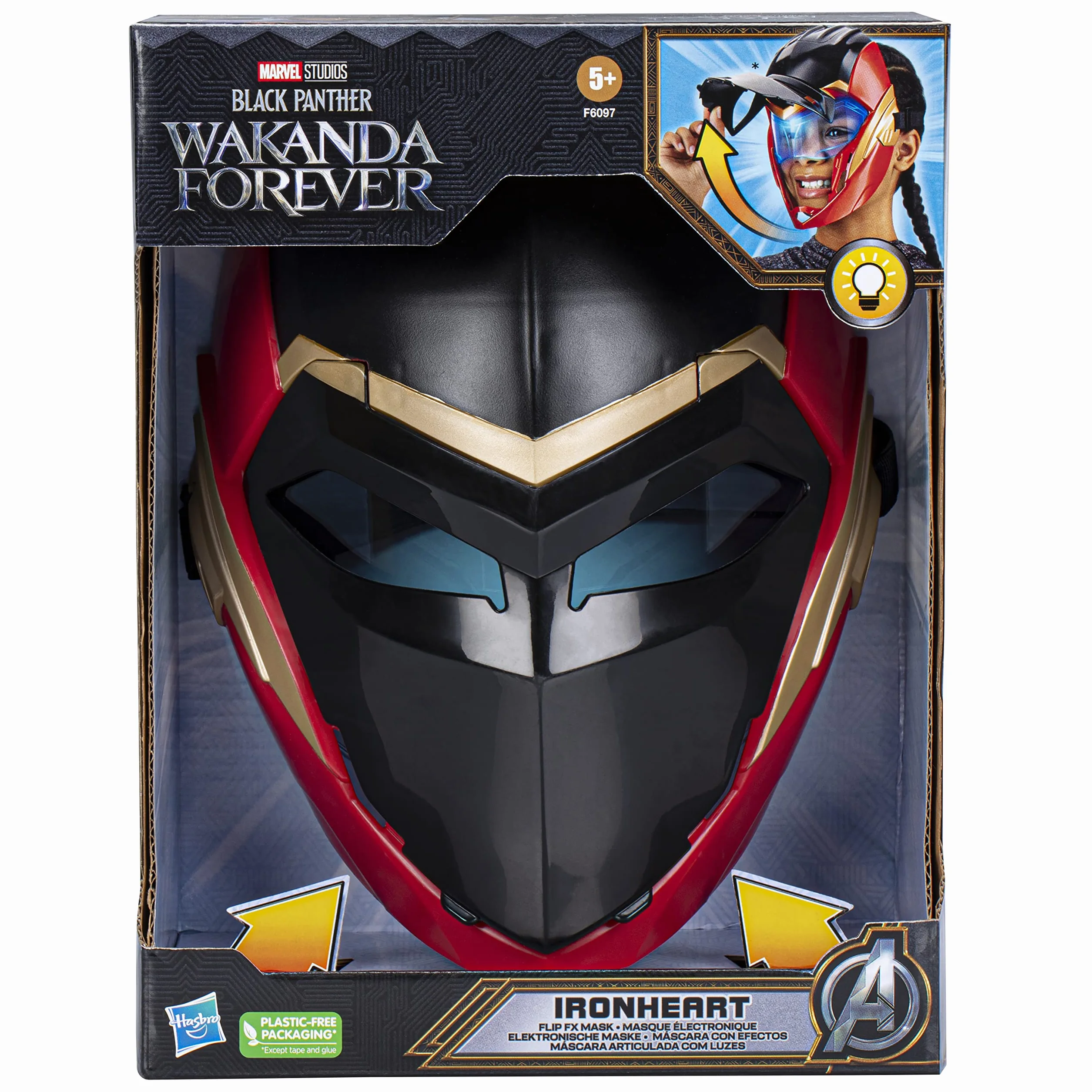 Marvel Hasbro Studios czarna pantera Wakanda Forever Ironheart Flip FX świecąca maska, zabawka do odgrywania ról dla dzieci w wieku 5 lat, F6097, wielokolorowa
