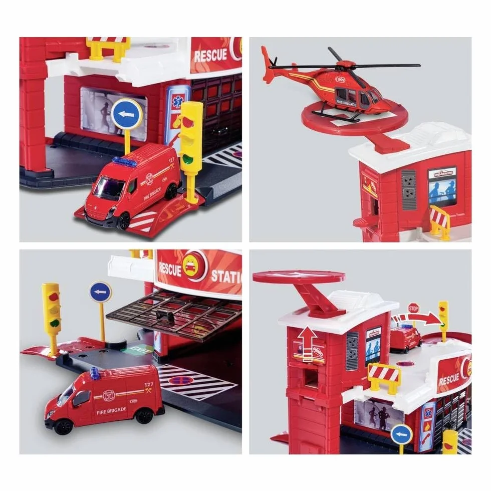 Dickie Toys 212050038 Stacja strażacka, wyrzutnia i wóz strażacki die cast Renault Master 7,5cm, 50x25x22cm
