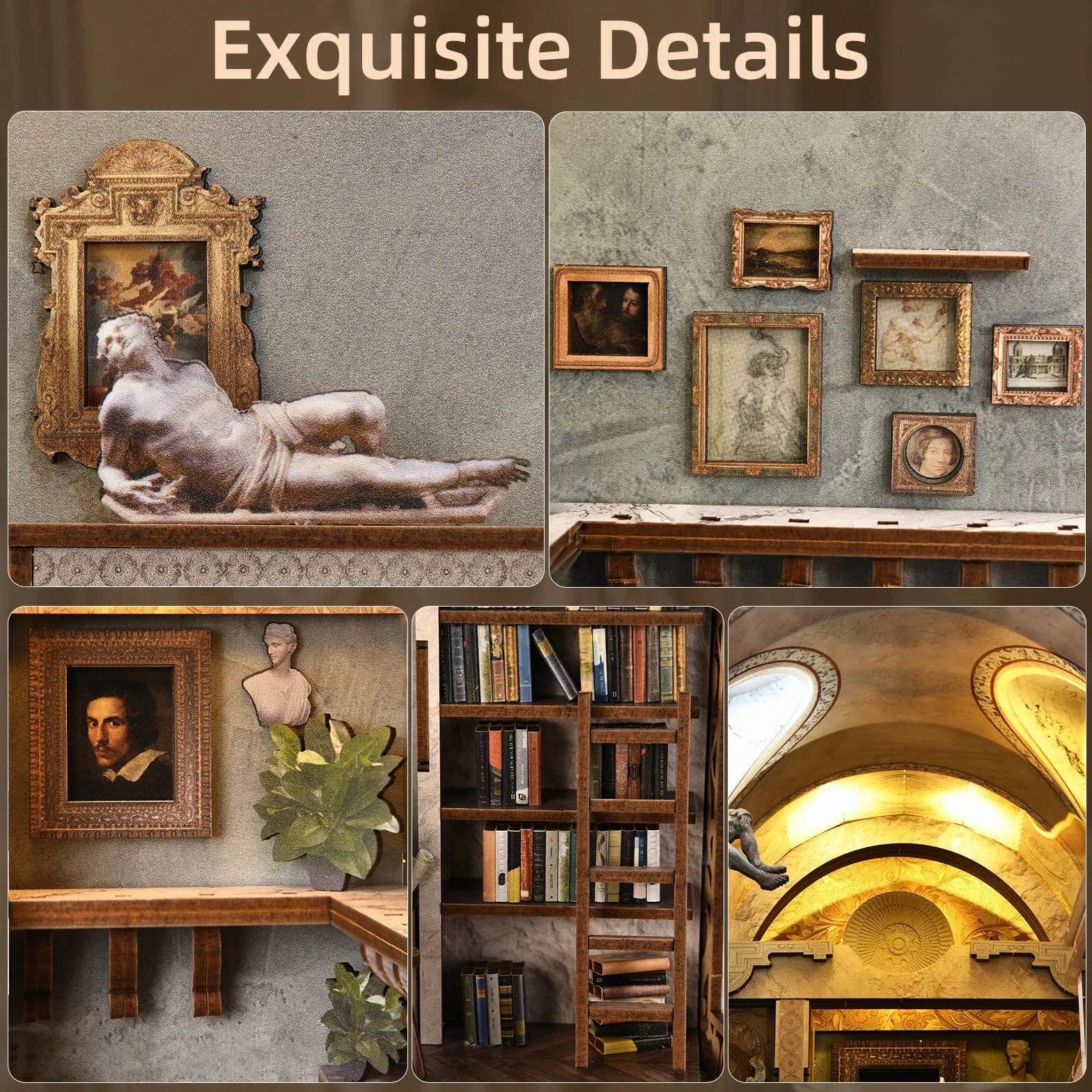 MiniCity Book Nook zestaw do budowania, miniaturowy domek dla lalek 3D, kącik na książki, zestaw z oświetleniem LED i osłoną przeciwpyłową - Bernini's Workshop