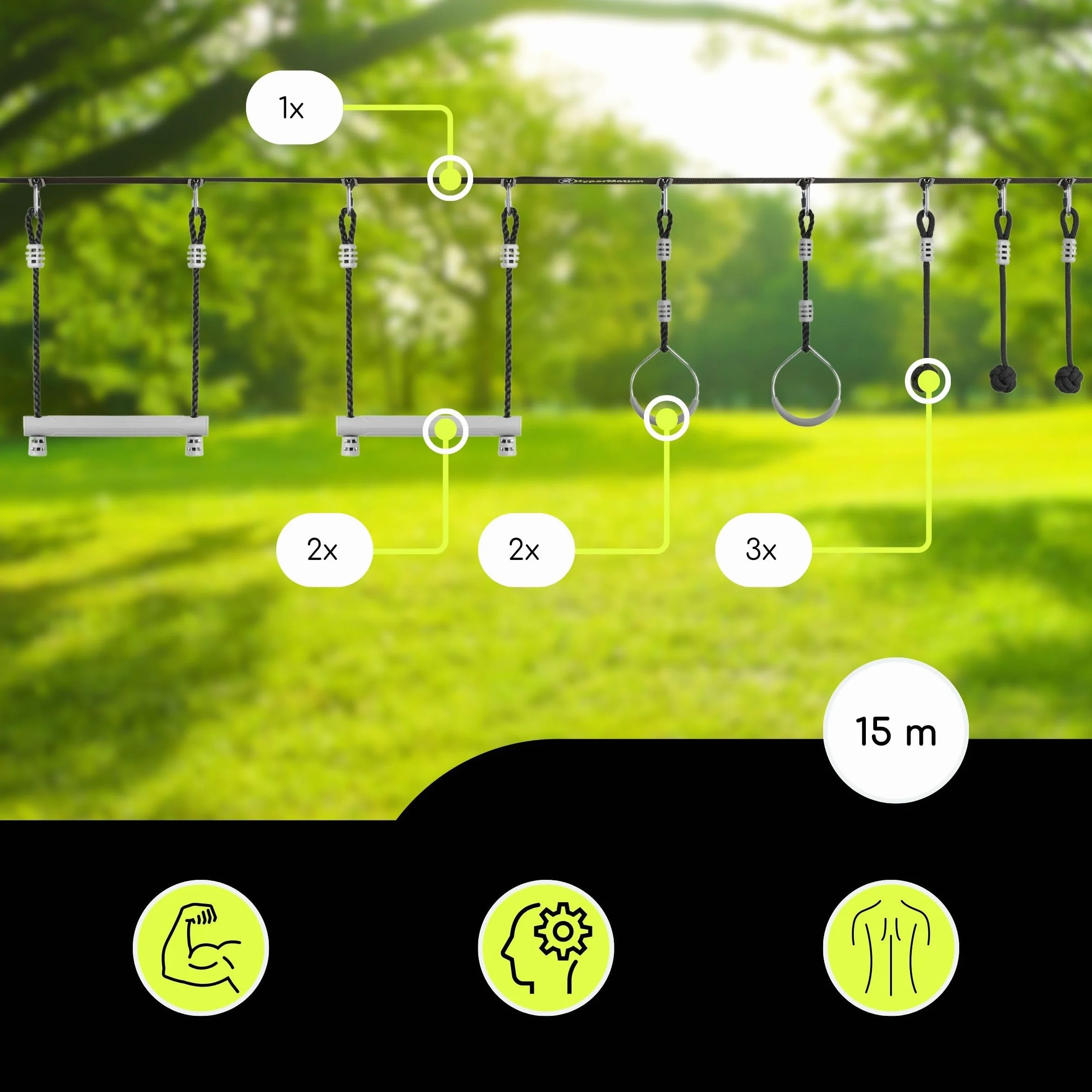 HyperMotion Tor Przeszkód Ninja Dla Dzieci Zestaw Slackline – 7 Przeszkód Z Kółkami Małpimi Pięściami I Drążkami – Udźwig Do 113 kg – Do Ogrodu – Outdoor Zabawa Ruchowa Dla Dzieci I Młodzieży