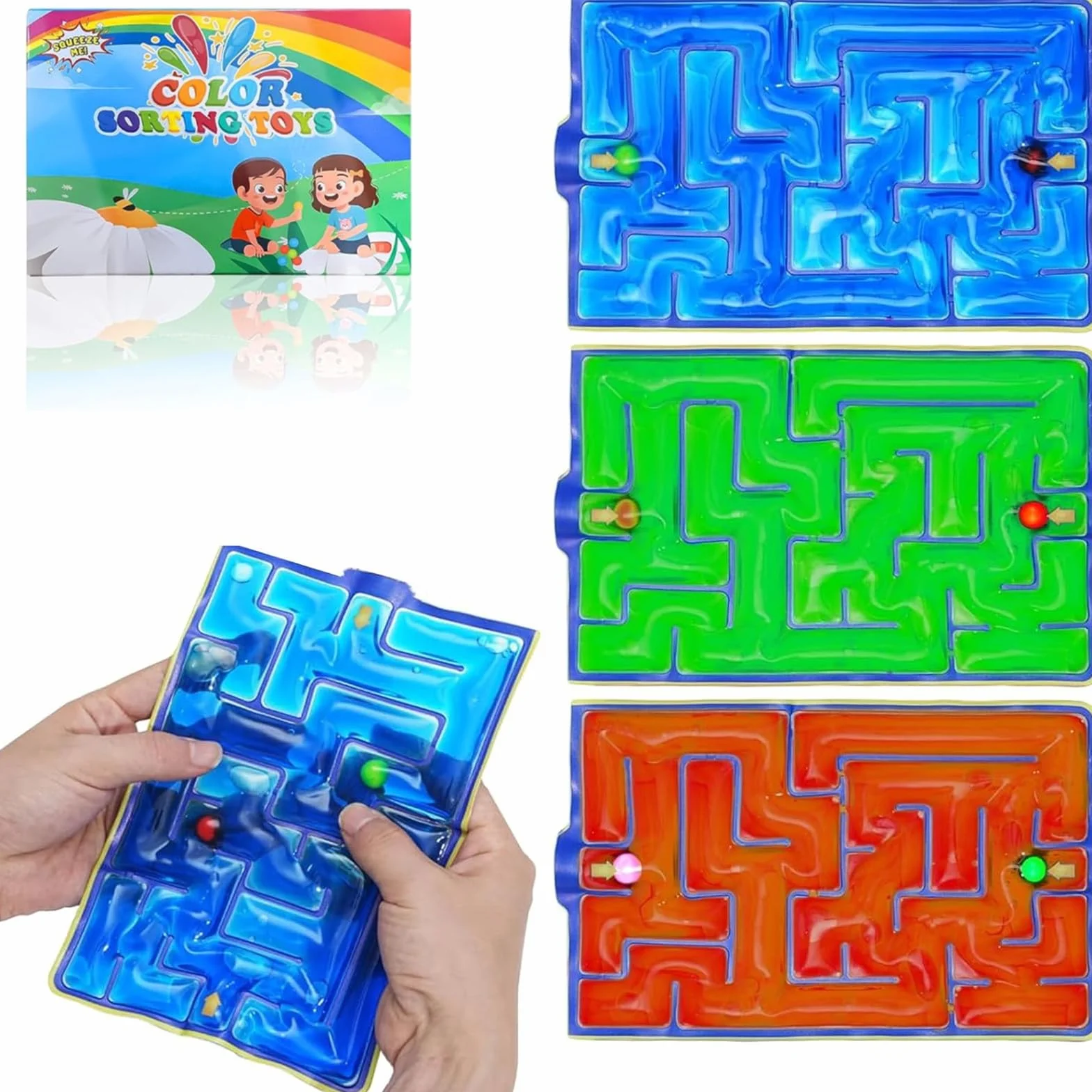Zabawka sensoryczna z labiryntem, żelowa, antystresowa, autystyczna, dla dzieci, młodzieży, Fidget Squishy Toy Anxiety ADHD (zielona, czerwona i niebieska)