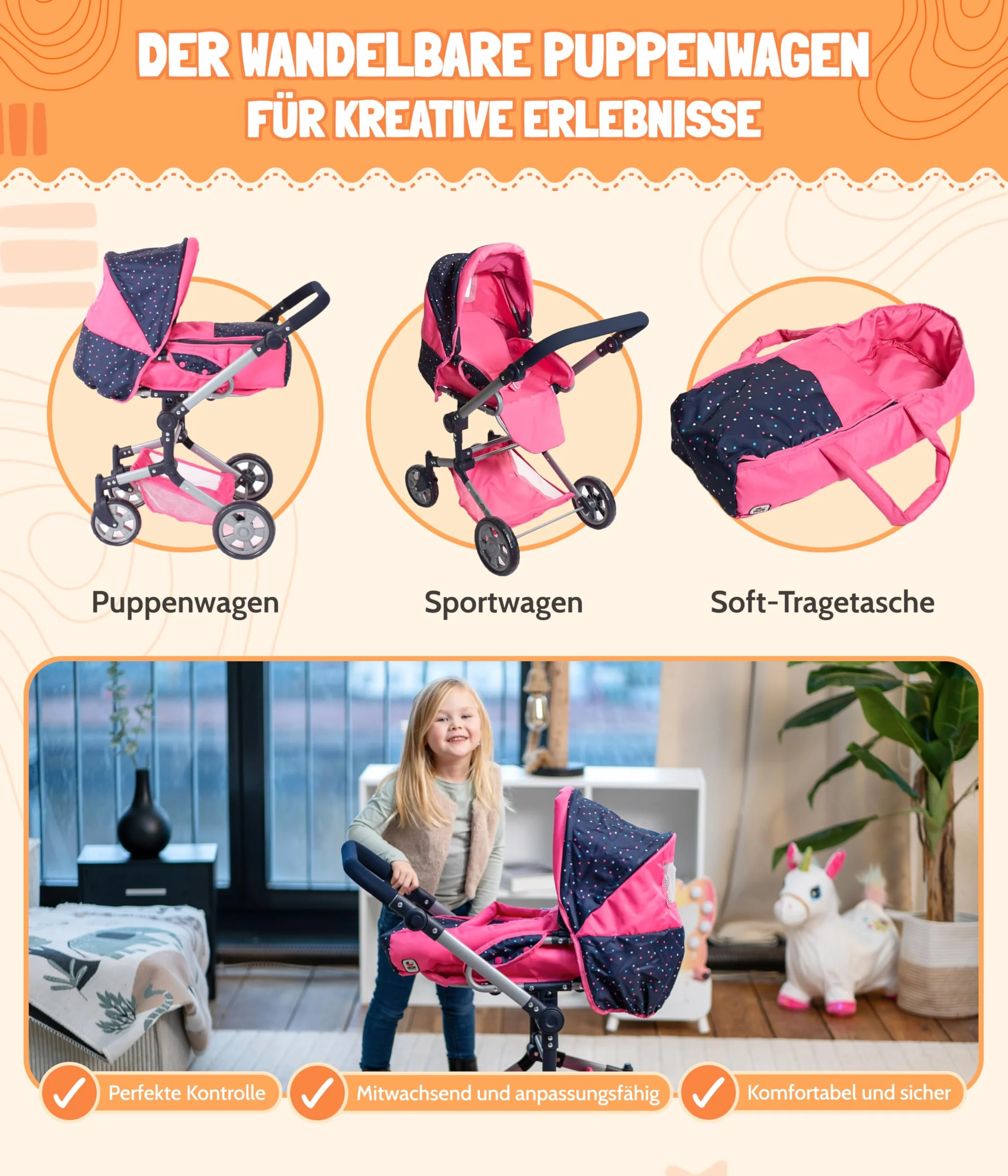 Bayer Chic 2000 - Wózek dla lalek Jara, 2 w 1, wózek dla lalek kombi, z wyjmowaną torbą do przenoszenia, wózek dla dzieci w wieku od 4 do 8 lat, konfetti różowe