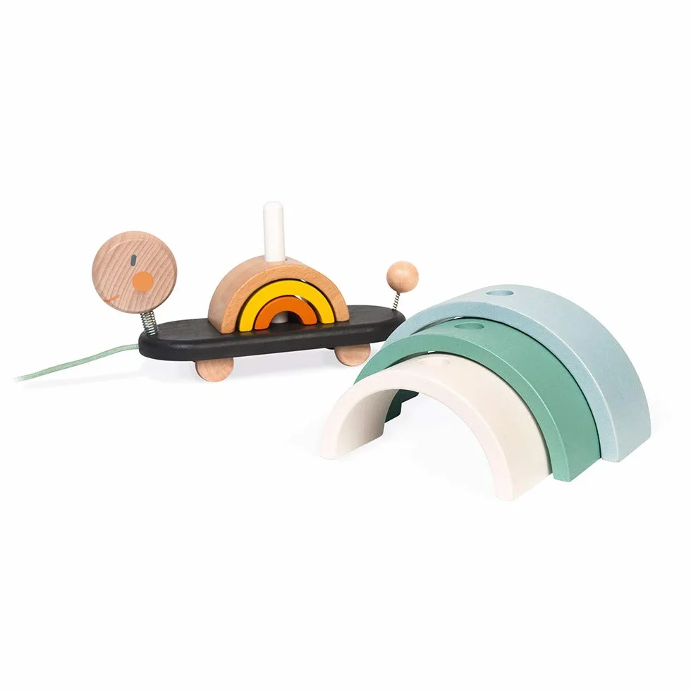 Janod - Wooden Sweet Cocoon Rainbow Turtle - Original Early Learning Game, 6 Stackable Arcs Of Circles - 1st Learnings - Turtle to Pull - Wooden Toy, Water Based Paint - from 18 Months Old, J04405