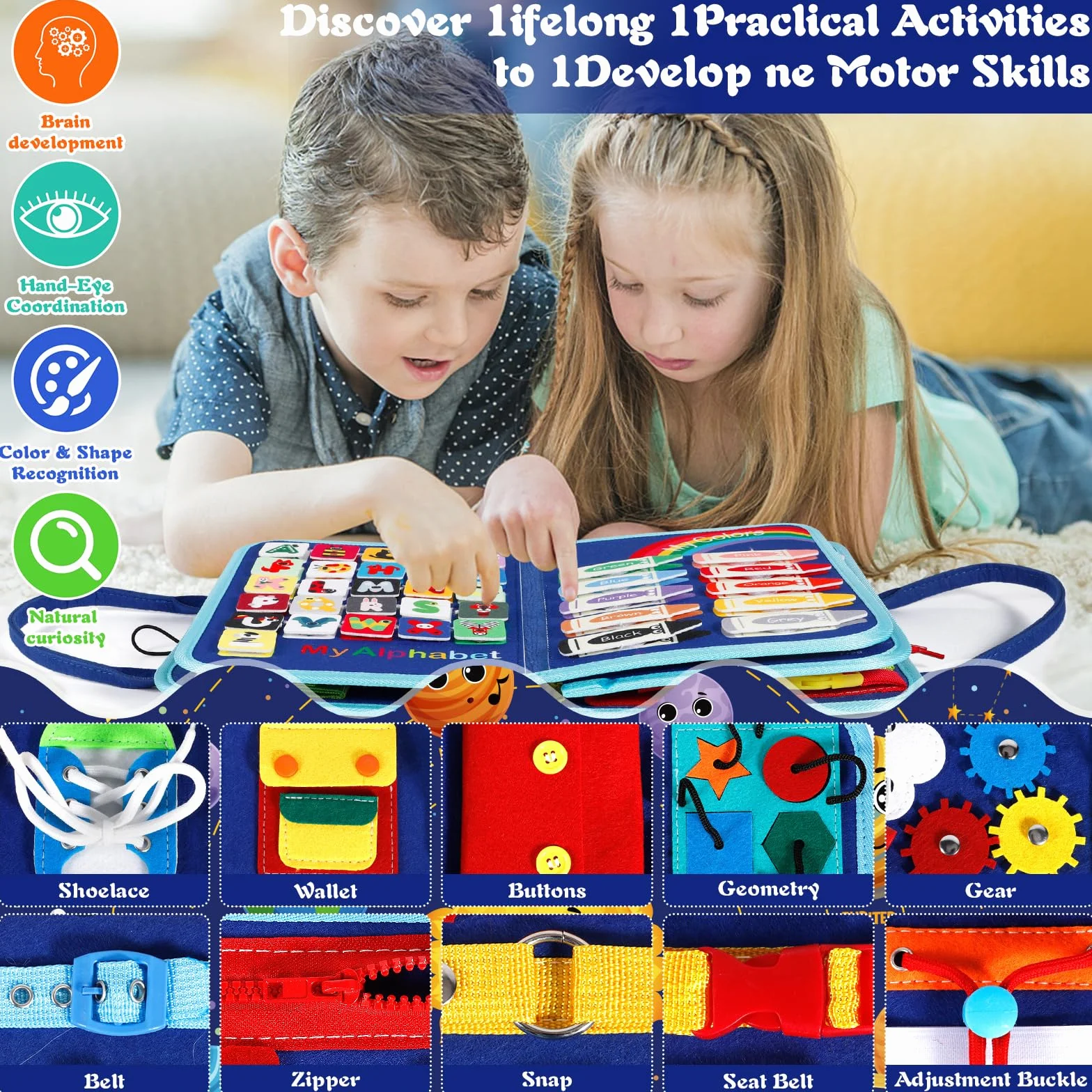 Busy Board para Niños,Juguete Educativo Montessori 9en1,Tablero Sensorial de 5 Capas en Fieltro Suave,Aprendizaje de Habilidades de Vida y Motricidad Fina,Juguete Portátil para Viajes,Regalo 1-5 Años