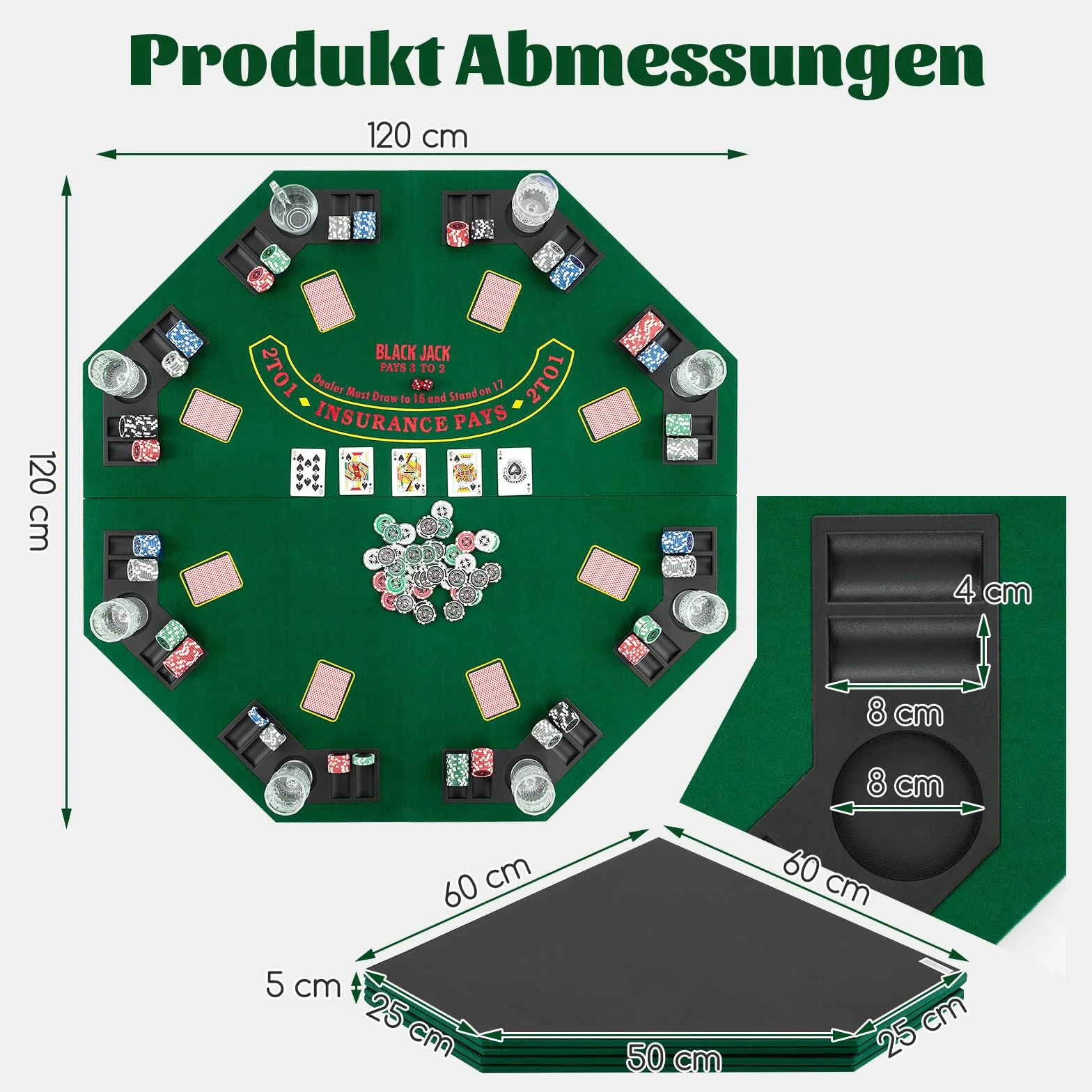 COSTWAY Texas Holdem mata do pokera, 120 x 120 cm, składana, dla 8 graczy, z uchwytami na napoje, dywan do pokera z torbą do przenoszenia, ośmiokątna, zielona