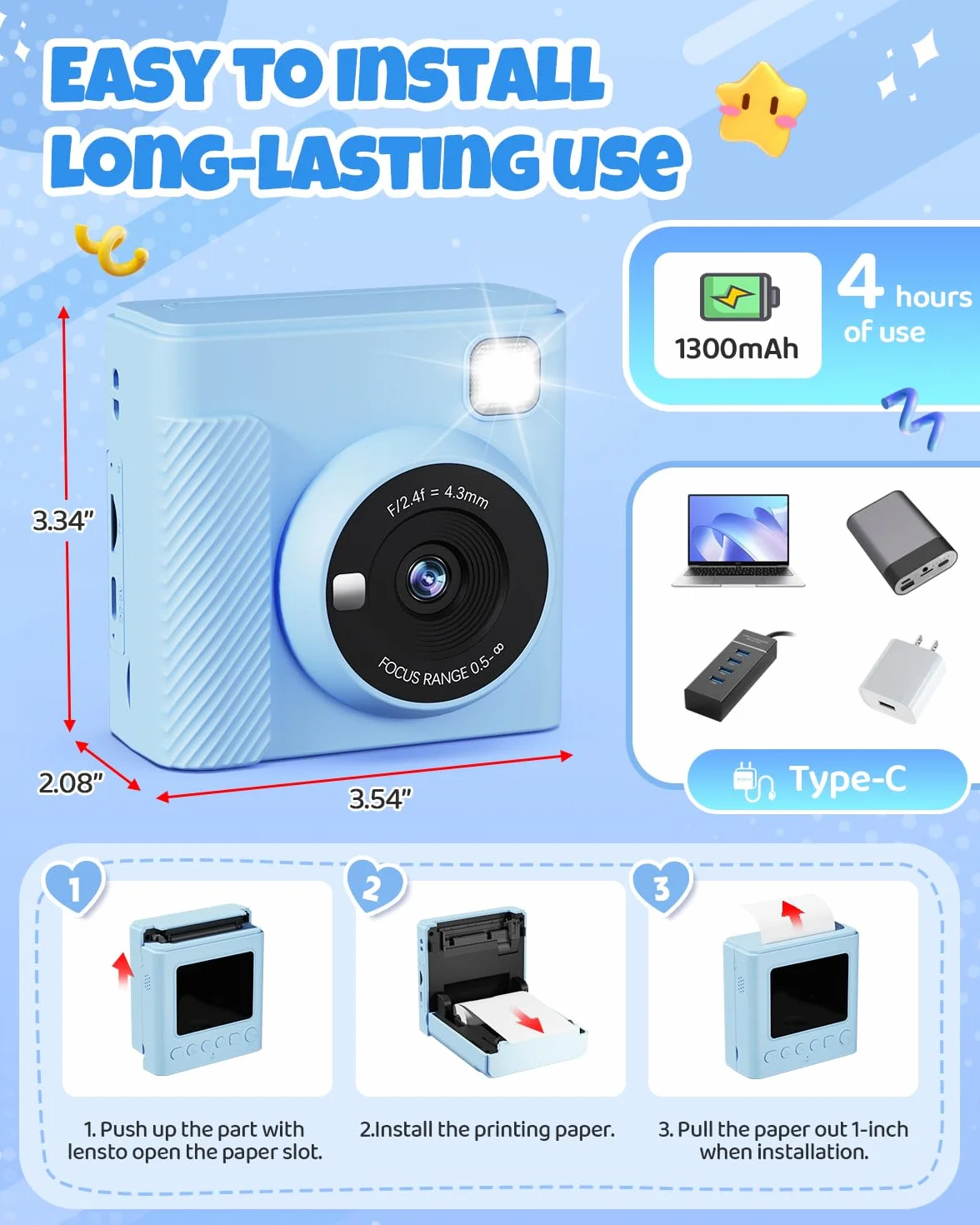 TIATUA aparat błyskawiczny dla dzieci, 2.4'' Aparat Natychmiastowy dla Dzieci z Kartą 32 GB & Papierem do Drukowania, 1080P Cyfrowa Kamera Zabawka, Prezenty na Święta i Urodziny dla Chłopców 3-12 Lat