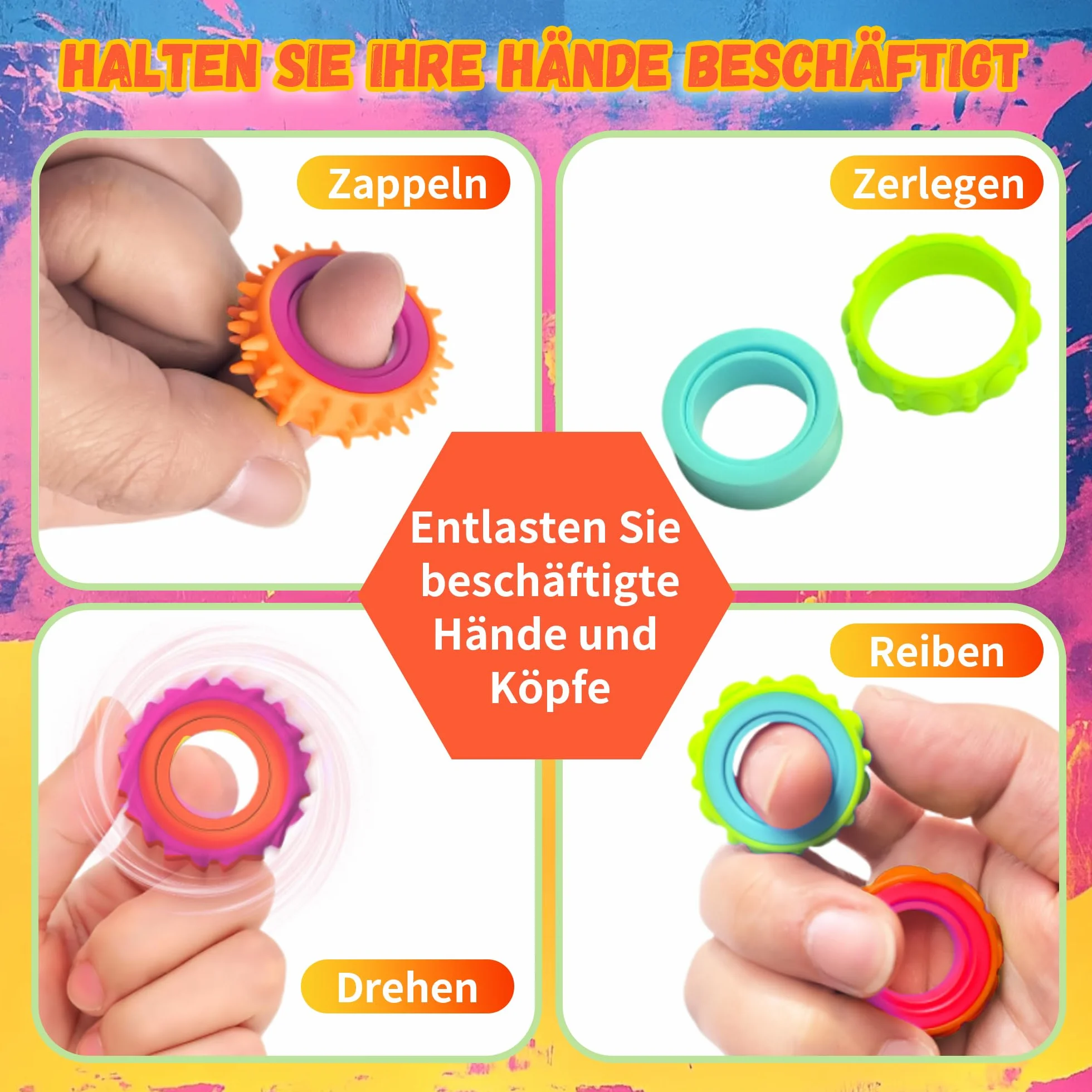 Zestaw 12 zabawek Fidget Ring dla dzieci i dorosłych, silikonowe pierścienie antystresowe, Fidget Spinner do pomocy przy ADHD, do akupresury, zabawki autystyczne, pierścienie do masażu palców