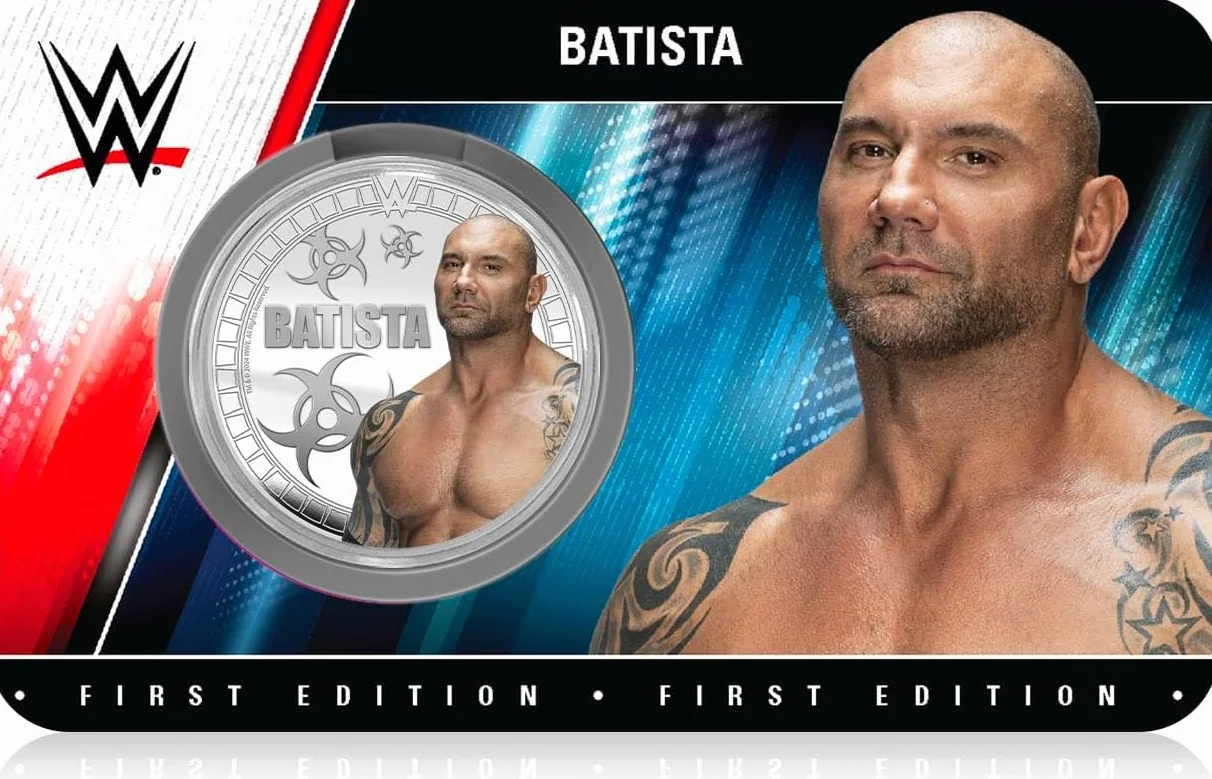 FANTASY CLUB Batista WWE 32 mm Oficjalna moneta kolekcjonerska – hołd dla zwierząt i wielokrotny mistrz świata – edycja limitowana dla fanów i kolekcjonerów