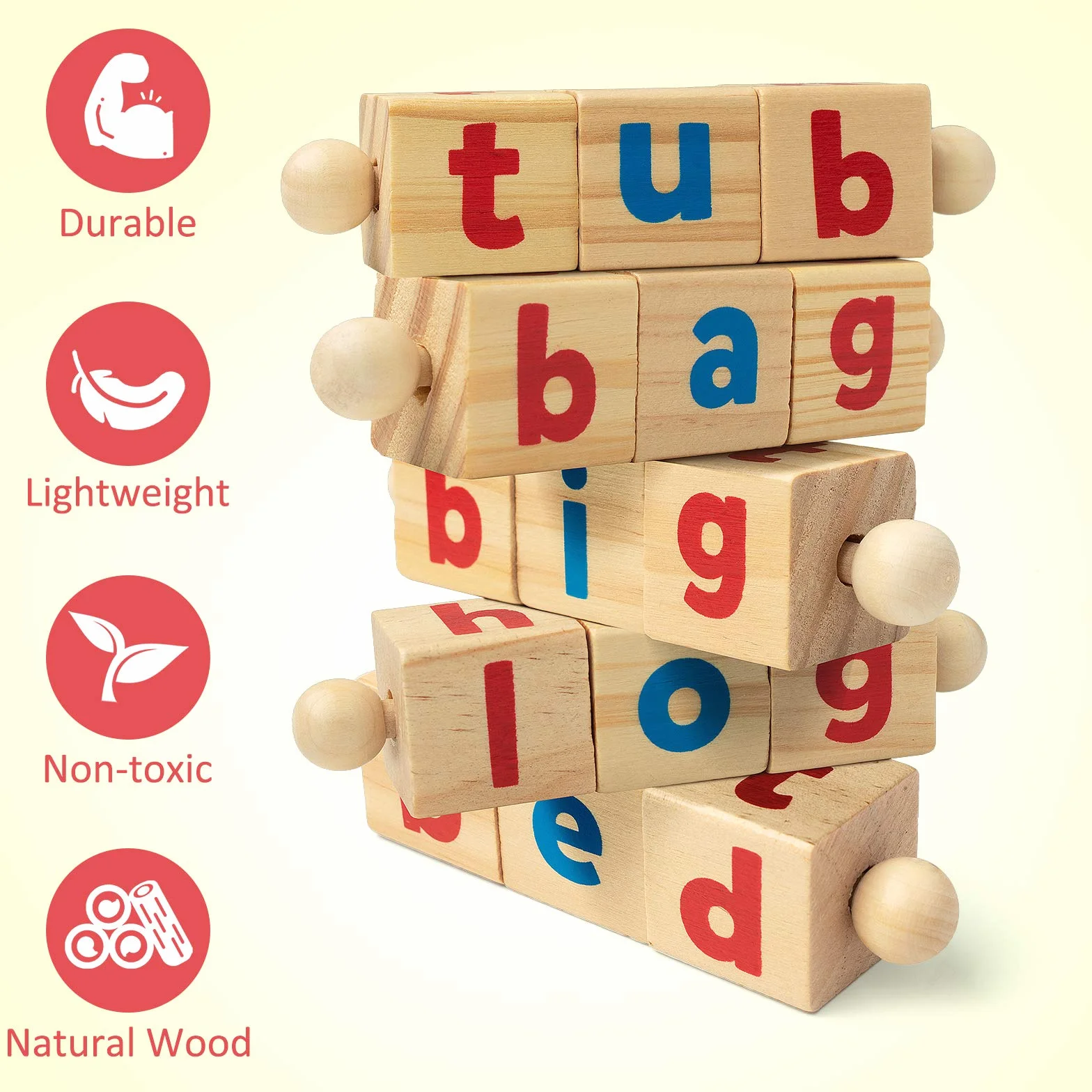 Coogam Gry ortograficzne z kolorowymi blokami,Karty Flash Drewniane Puzzle z dopasowanymi literami dla dzieci,2 w 1 Widok Słowa Montessori Spinning Nauka manipulacji alfabetem Zabawka