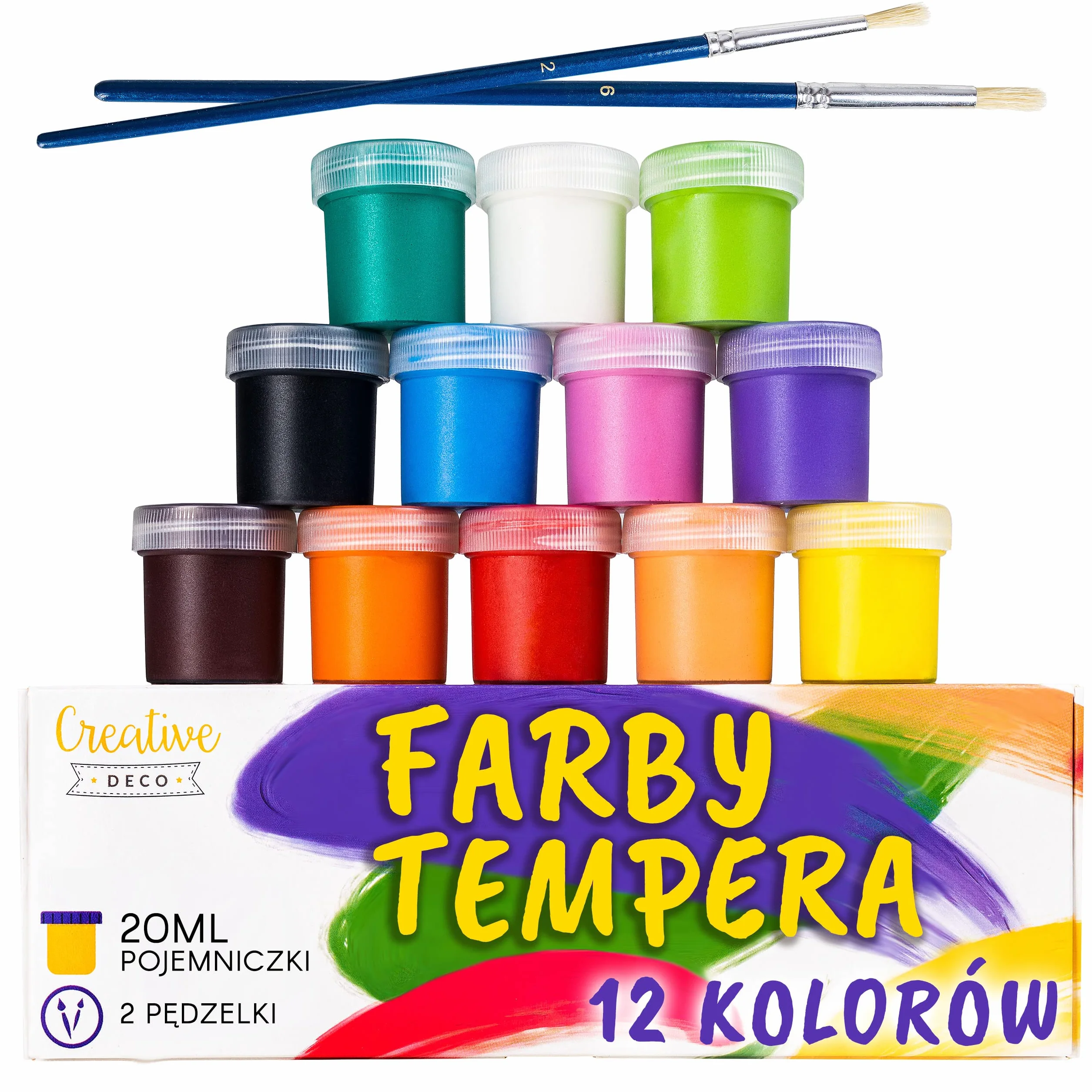 Creative Deco Tempery Zestaw Farb Plakatowych | 20 ml x 12 Kolorów | Zmywalne Farby dla Dzieci | Podstawowe Intensywne Nasycone Kolory | Bezpieczne i Nietoksyczne | Dobre Krycie i Matowe Wykończenie