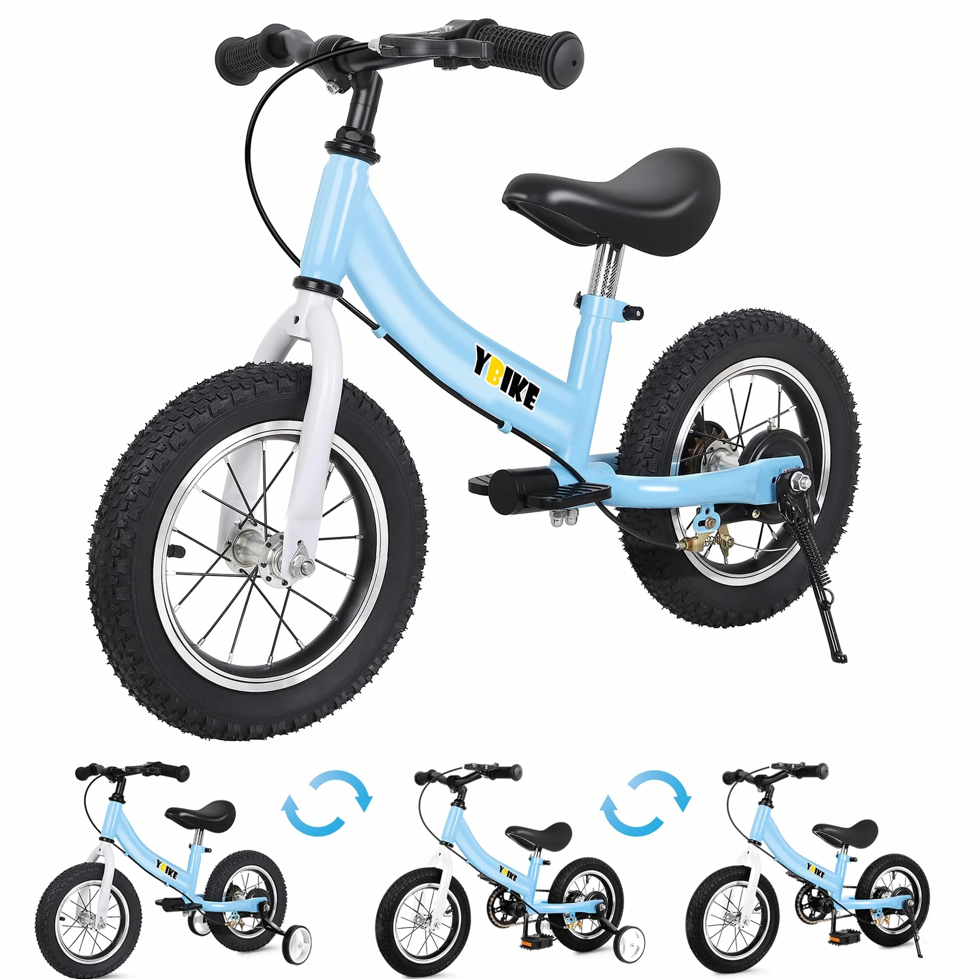 YBIKE Rower biegowy 2 w 1, podwójne zastosowanie rowerków biegowych dla dzieci i roweru dziecięcego, dla 2, 3, 4, 5, 6, 7 lat, 12, 14, 16 cali, z teorią treningu, hamulcem, pedałem