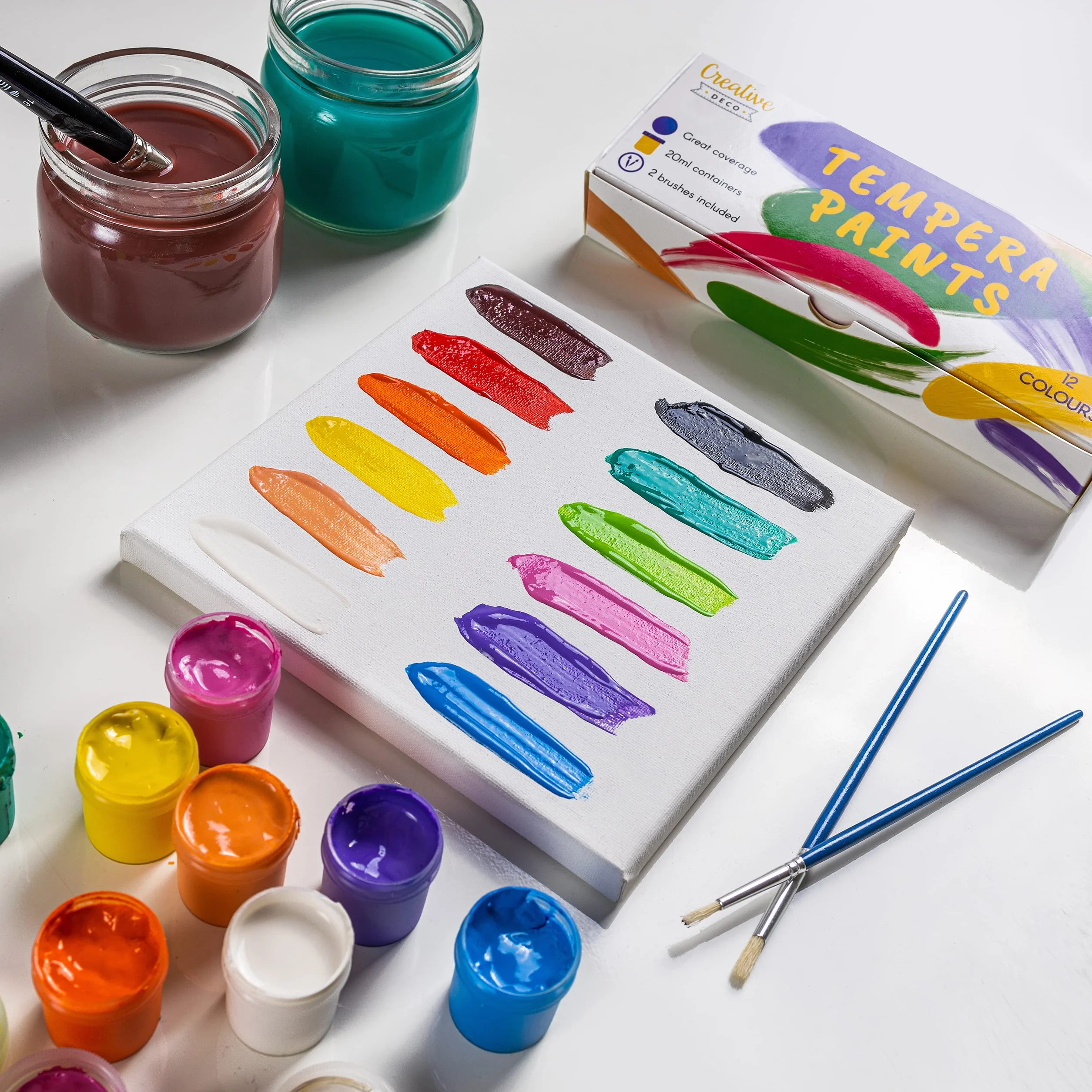 Creative Deco Tempery Zestaw Farb Plakatowych | 20 ml x 12 Kolorów | Zmywalne Farby dla Dzieci | Podstawowe Intensywne Nasycone Kolory | Bezpieczne i Nietoksyczne | Dobre Krycie i Matowe Wykończenie