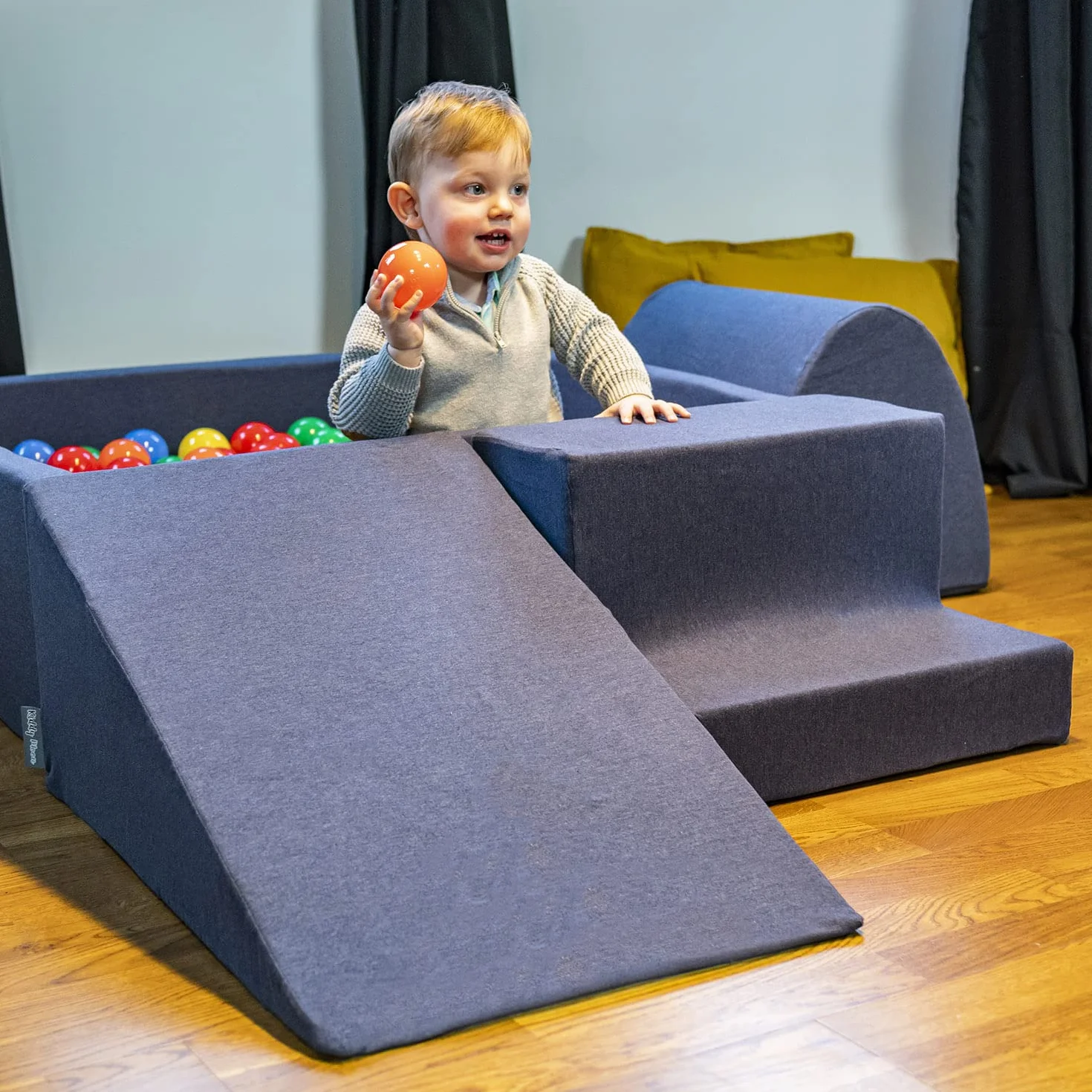 KiddyMoon plac zabaw z pianki z okrągłym brodzikiem z piłeczkami (200 piłeczek) brodziki z piłeczkami dla niemowląt, z przeszkodami, wyprodukowane w UE, ciemno niebieski: jasnozielony/żółty/turkusowy