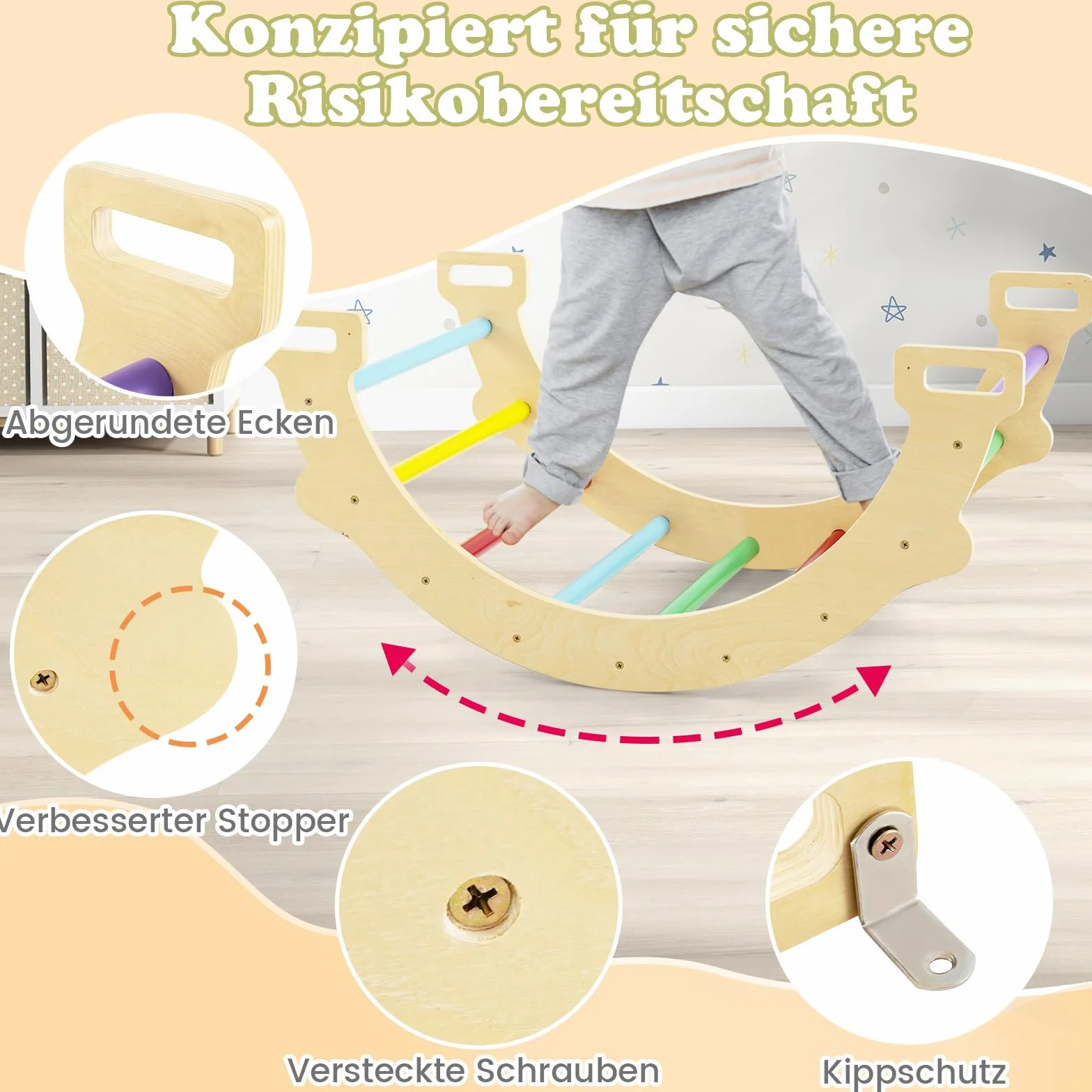 COSTWAY Łuk wspinaczkowy z miękką poduszką, trójkąt wspinaczkowy do kołysania, wspinaczki i raczkowania, drewniane rusztowanie do wspinaczki, dla dzieci od 3 lat (kolorowy)