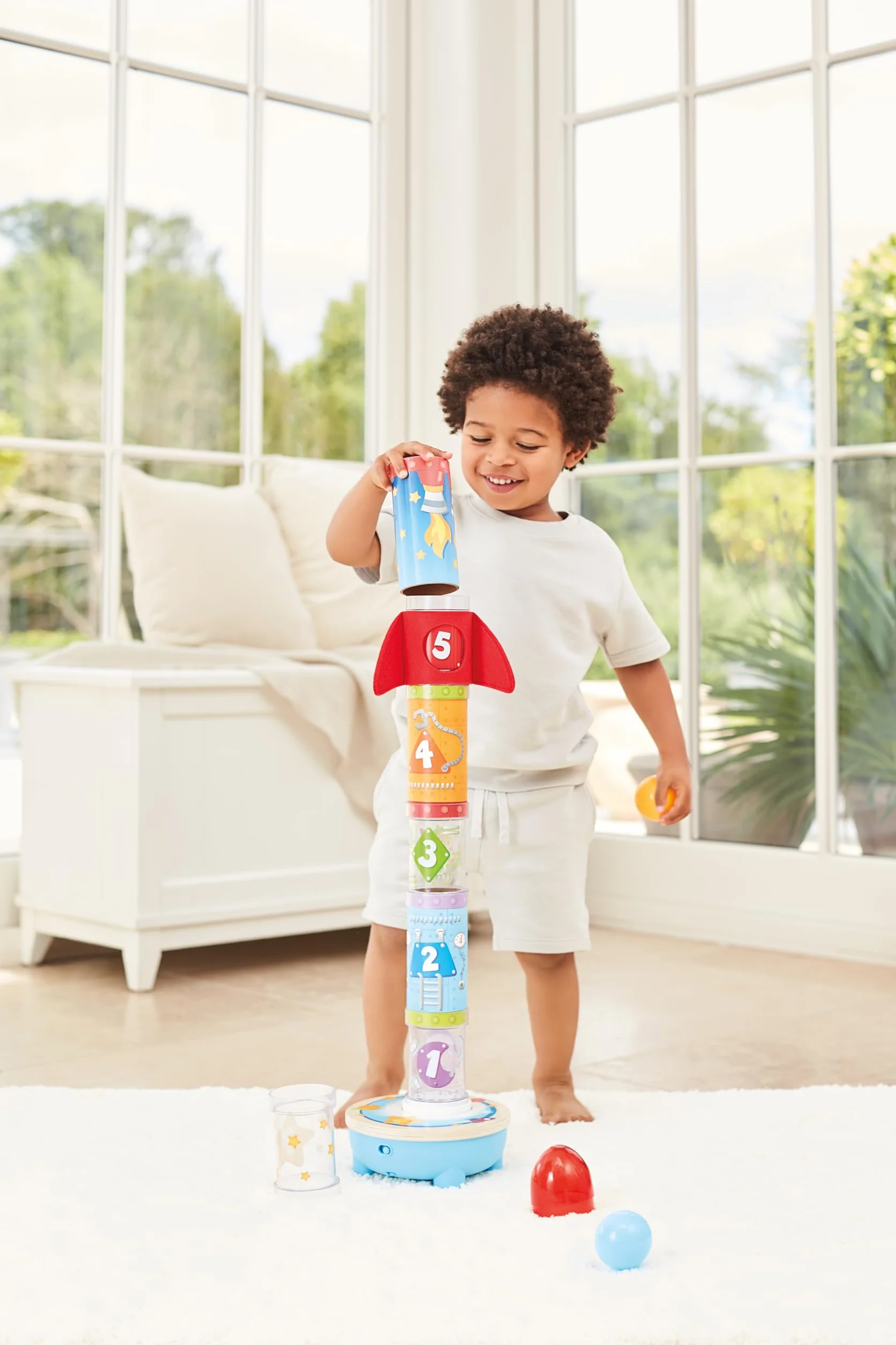 Hape Rocket Stacker Toy Air-Powered Ball Launcher Playset for Toddlers with Fan, 24 Months and Up, Black
