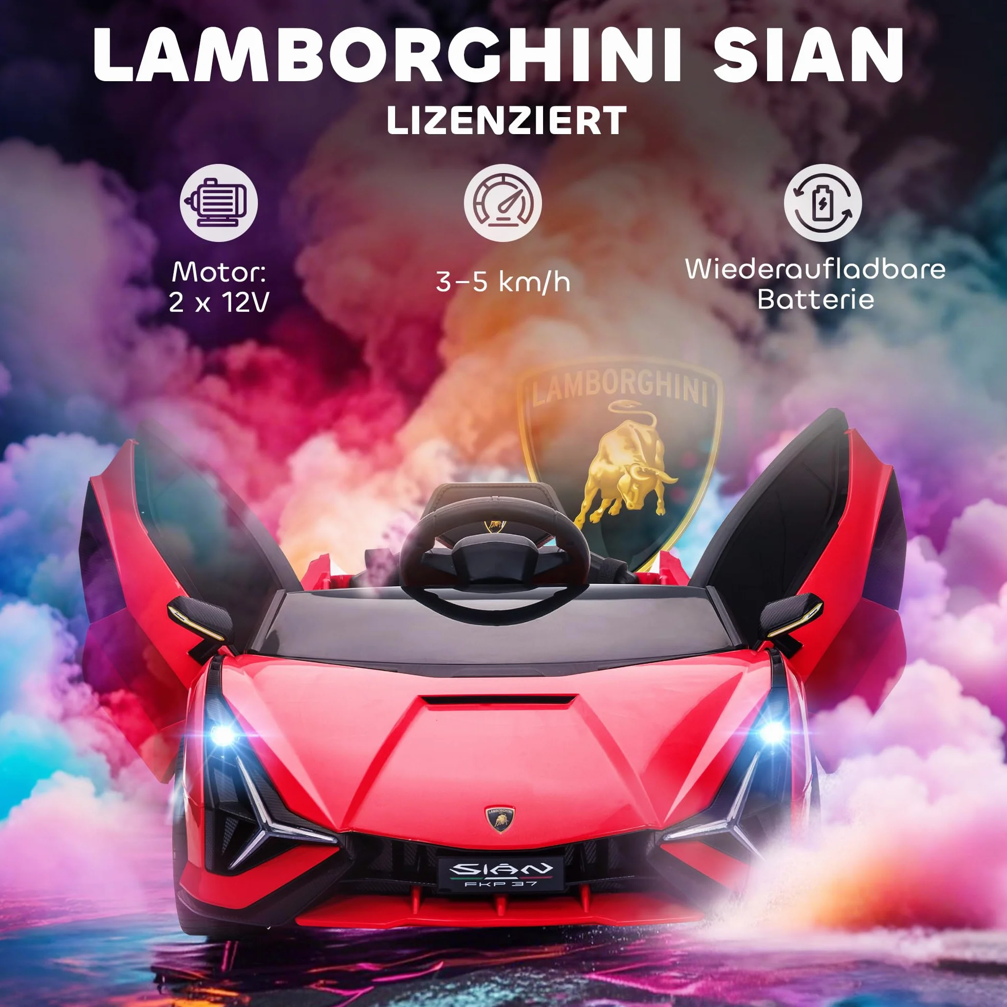 Samochód dziecięcy HOMCOM 2 tryby jazdy Lamborghini SIAN SUV autko zabawka samochód elektryczny z pilotem bardzo szerokie opony muzyka (MP3/USB) oświetlenie 3–5 lat PP metal czerwony 108 x 62 x 40 cm