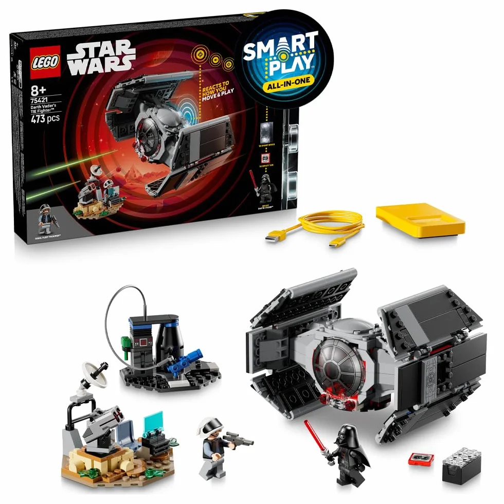 LEGO Star Wars 75421 SMART Play: Darth Vader's TIE Fighter – interaktywny zestaw zabawek typu wszystko w jednym, w zestawie Inteligentna cegła, etykieta, minifigurka i ładowarka - pomysł na prezent dla chłopców w wieku 8 lat, dziewcząt i dorosłych fanów