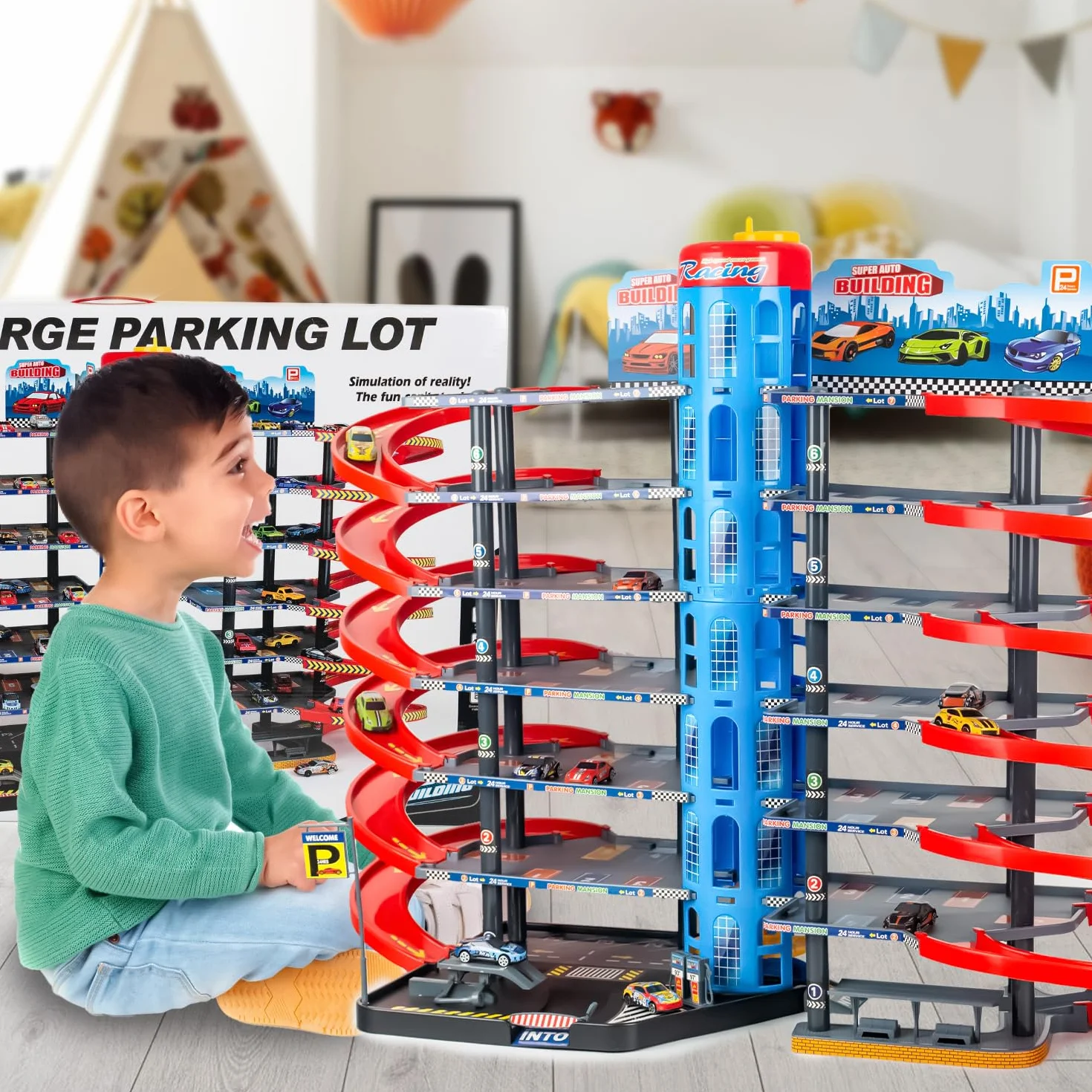 CELMAN Parking z 6 piętrami, z pościgiem, miejsce na pojazdy w skali 1:64, parking dla dzieci od 3, 4, 5, 6, 7, 8 lat, w zestawie metalowe samochody zabawkowe, winda