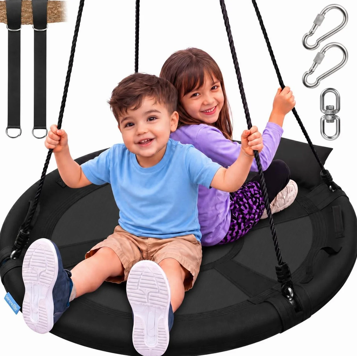 SereneLife 40 Inch Giant Outdoor Saucer Tree Swing with Hang Kit and Center Spinner - Round Hanging Circular Flying Saucer w/Rope Straps & Sturdy Steel Frame, Polyester Fabric Seat for Kids (Black)
