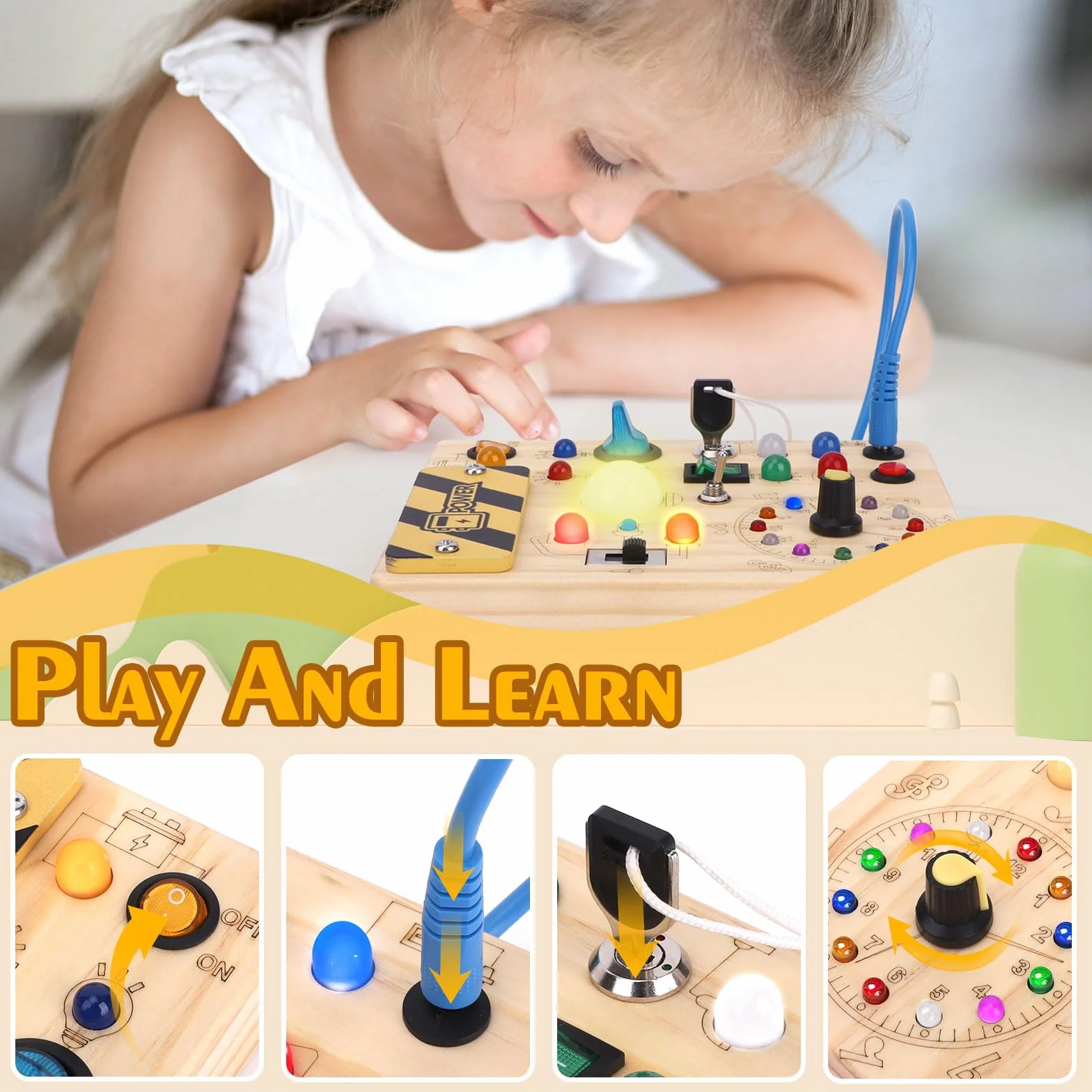 Montessori Busy Board – Drewniana tablica aktywności dla maluchów 1-3 lat, 10 przełączników, 23 diody LED, zabawki sensoryczne