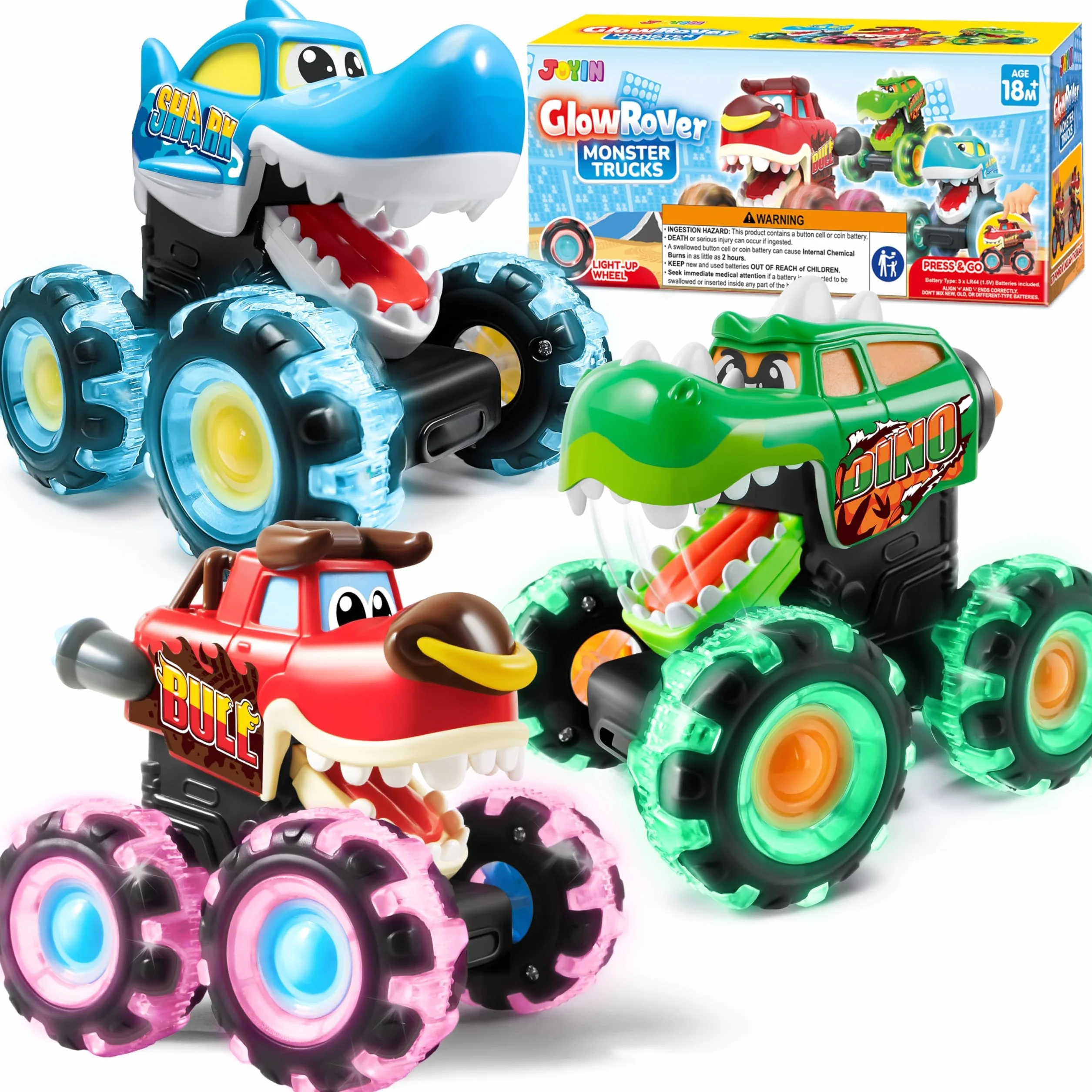 JOYIN 3 Pack zabawki Monster Truck dla chłopców i dziewczynek w wieku 1 2 3 4 5 6, samochody z podświetleniem aktywowanym ruchem, Monster Treads Lightning Wheels, prezent dla dzieci - zabawkowe