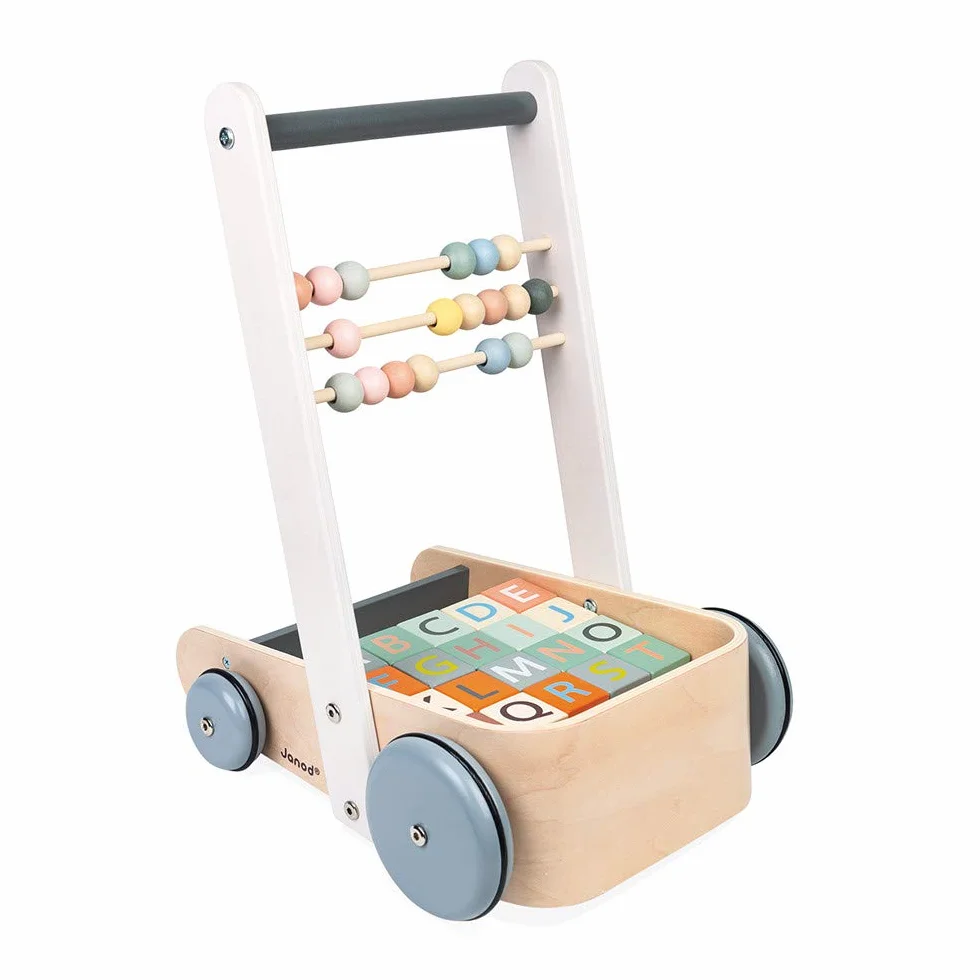 Janod - Sweet Cocoon Abc Buggy - Wooden Walking and Activity Cart - with 20 Alphabet Cubes, Numbers and Shapes Blocks + 3 Abacus Rows - Water Based Paints - from 1 Year Old, J04408