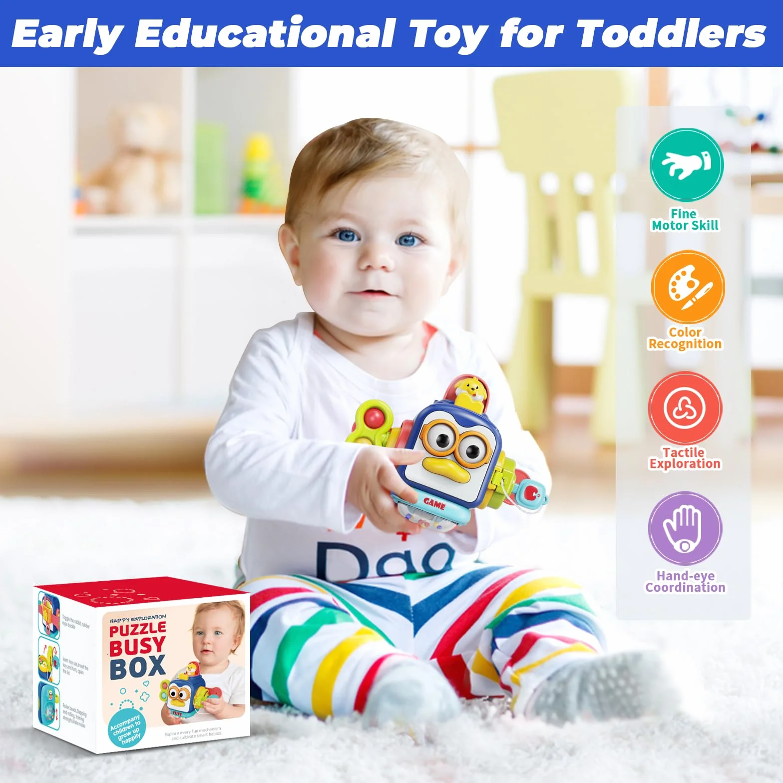 MOONTOY Sensoryczne zabawki Montessori dla rocznego chłopca, prezenty na 1. urodziny, dla małych dzieci w wieku 1-3 lat, zajęta kostka planszowa 6, 7, 8, 9, 10, 12 miesięcy, zabawki dla niemowląt w