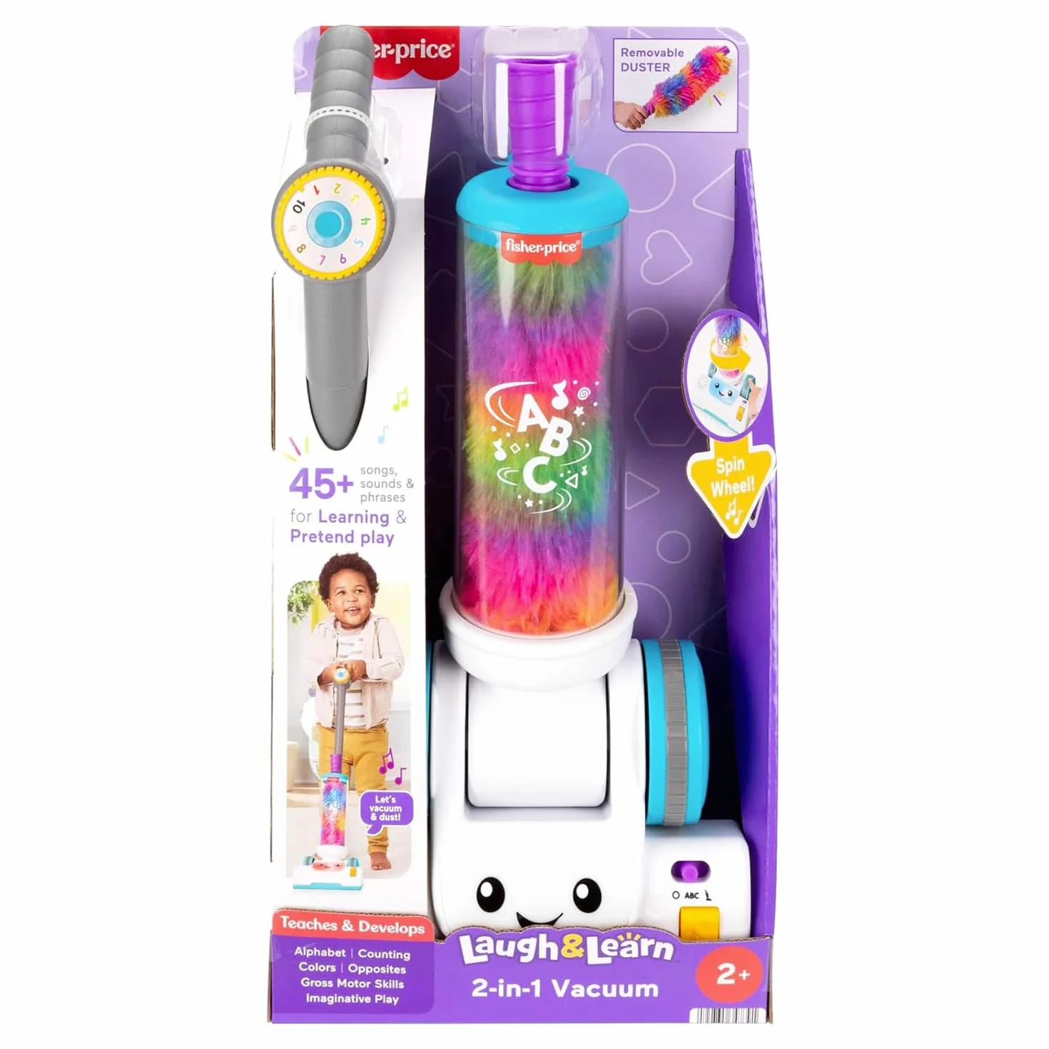 Fisher-Price Odkurzacz i miotełka 2 w 1, zestaw zabawkowy z 45 piosenkami, światłami i dźwiękami, wprowadzającymi alfabet i cyfry, wersja włoska +ES+in+PT, 2 lata, JMM34