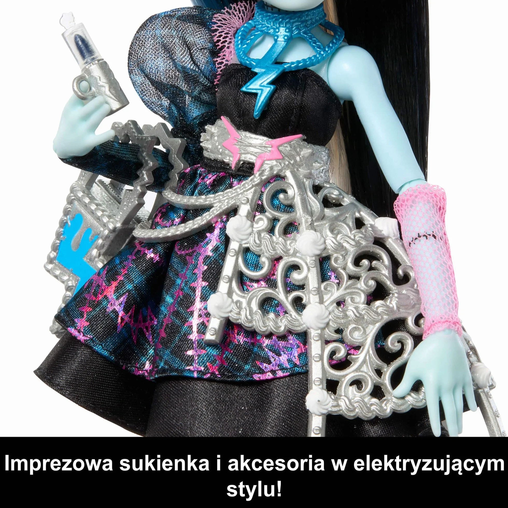 Monster High Straszysłodkie urodziny Frankie Stein Lalka zabawka w czarnej sukience z akcesoriami tematycznymi, w tym zaproszenie, „balon”, prezent i „szminka”, JBG75