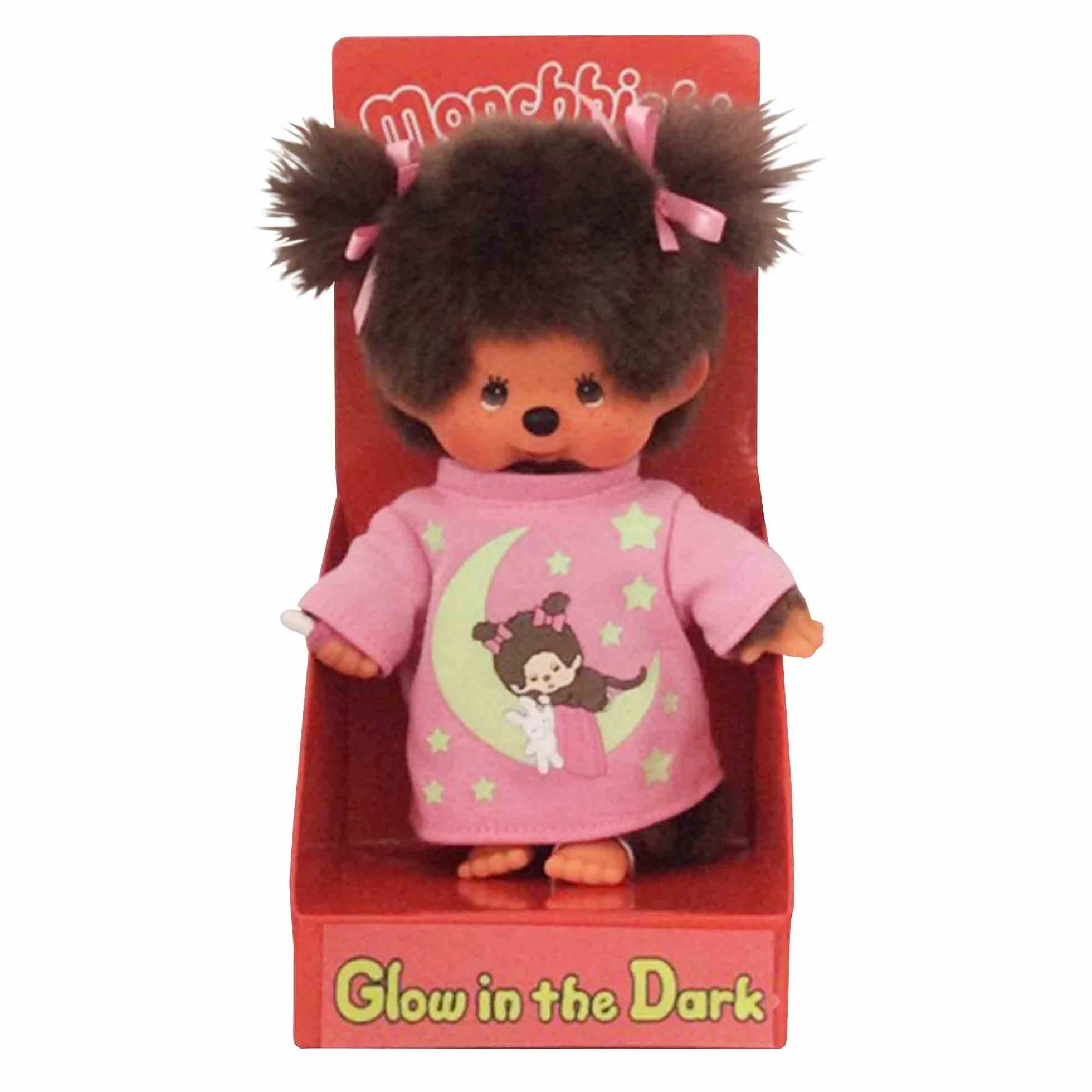 Sekiguchi 223732 - Oryginalna dziewczyna Monchhichi pluszowa figurka z różową koszulką do spania, elementy Glow in the Dark i warkocze z kokardkami, ok. 20 cm duża przytulanka z brązowego pluszu