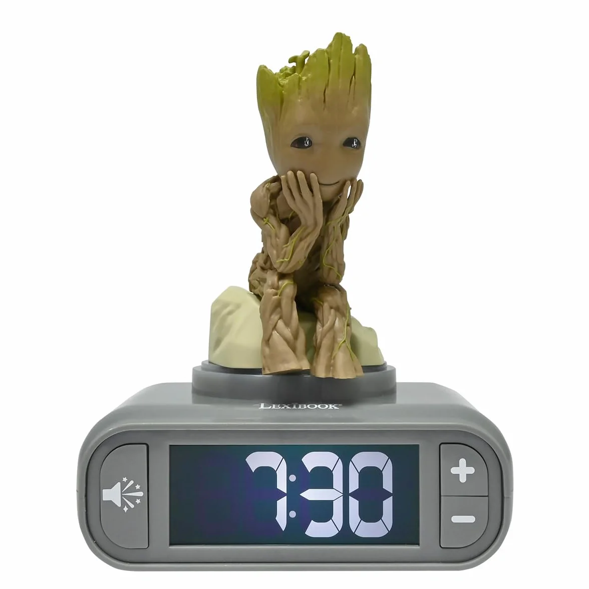 Lexibook, Marvel Guardians Of The Galaxy, Budzik Nocny Groot, Dźwięki i Melodie, Podświetlany Ekran LCD, Podświetlenie, Drzemka, Szary, Brązowy, RL800GG