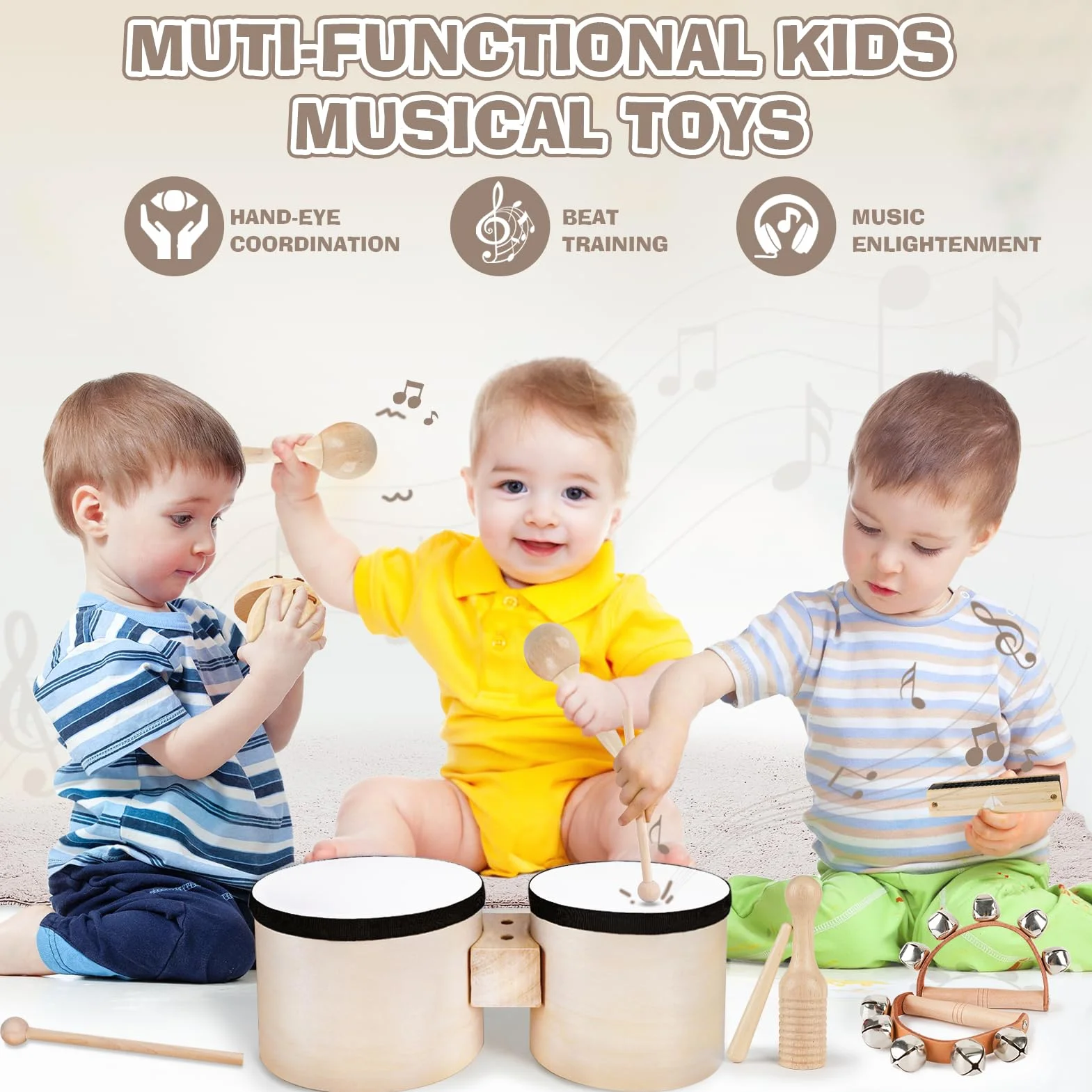 Zabawka dla dzieci instrument muzyczny dla dzieci, bęben, Montessori, drewniana zabawka, prezent dla dziewczynki, dla chłopców 2, 3, 4, 5 lat