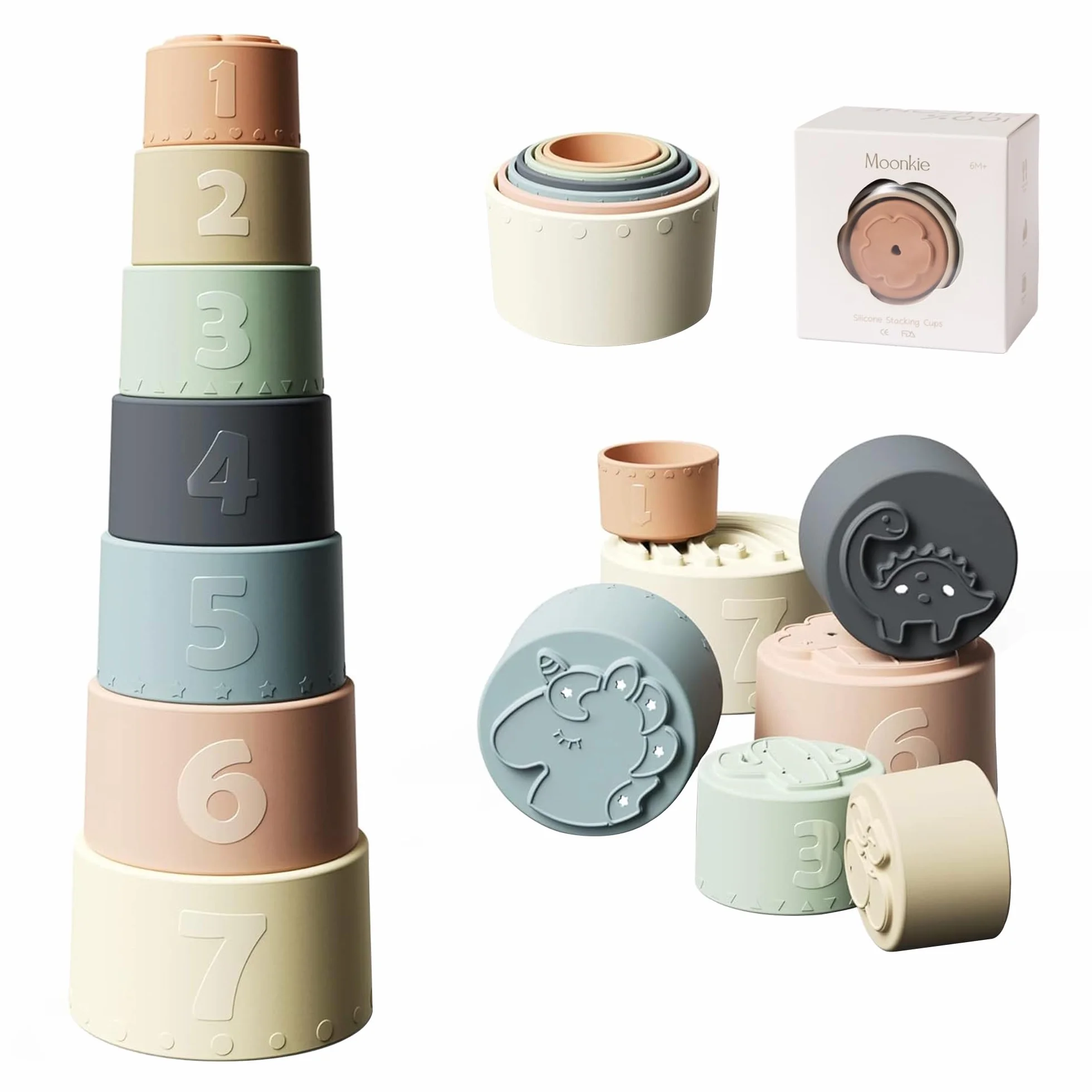 Moonkie Baby Stacking Cups Toy, zabawna edukacja układa kubka silikonowa zabawka dźwiękowa (Fine Day)