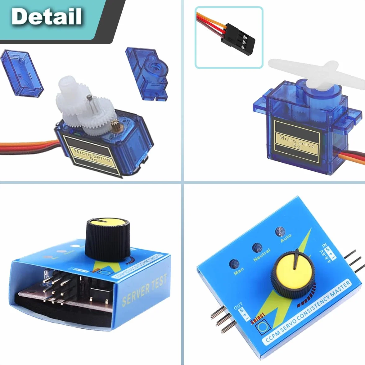 4 sztuki 9 g 180° mikroserwo z serwotesterem z mini śrubokrętem, do zabawek RC/robotów/modelu samolotu, inteligentny helikopter samochodowy, do Arduino/Raspberry Pi/DIY