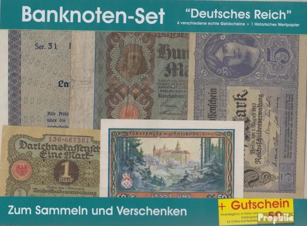 Prophila Collection Banknot Niemieckiego Królestwa 4 różne banknoty + 1 historyczny papier wartościowy (banknoty dla kolekcjonerów – nie jest to środek płatniczy)