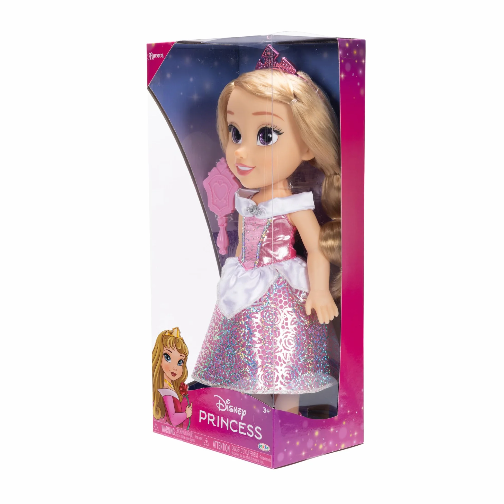 Disney Princess Modna lalka Aurora, 14"/35 cm wysoka lalka z królewskimi oczami refleksyjnymi zawiera błyszczącą platynową sukienkę z nadrukiem holofoilu, buty, tiara i pędzel, idealna dla dziewcząt w