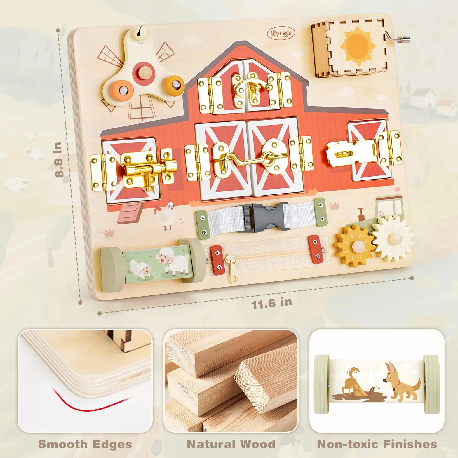 Joyreal Montessori Busy Board motyw gospodarstwa rolnego deska motoryczna zabawka drewniana sensoryczna