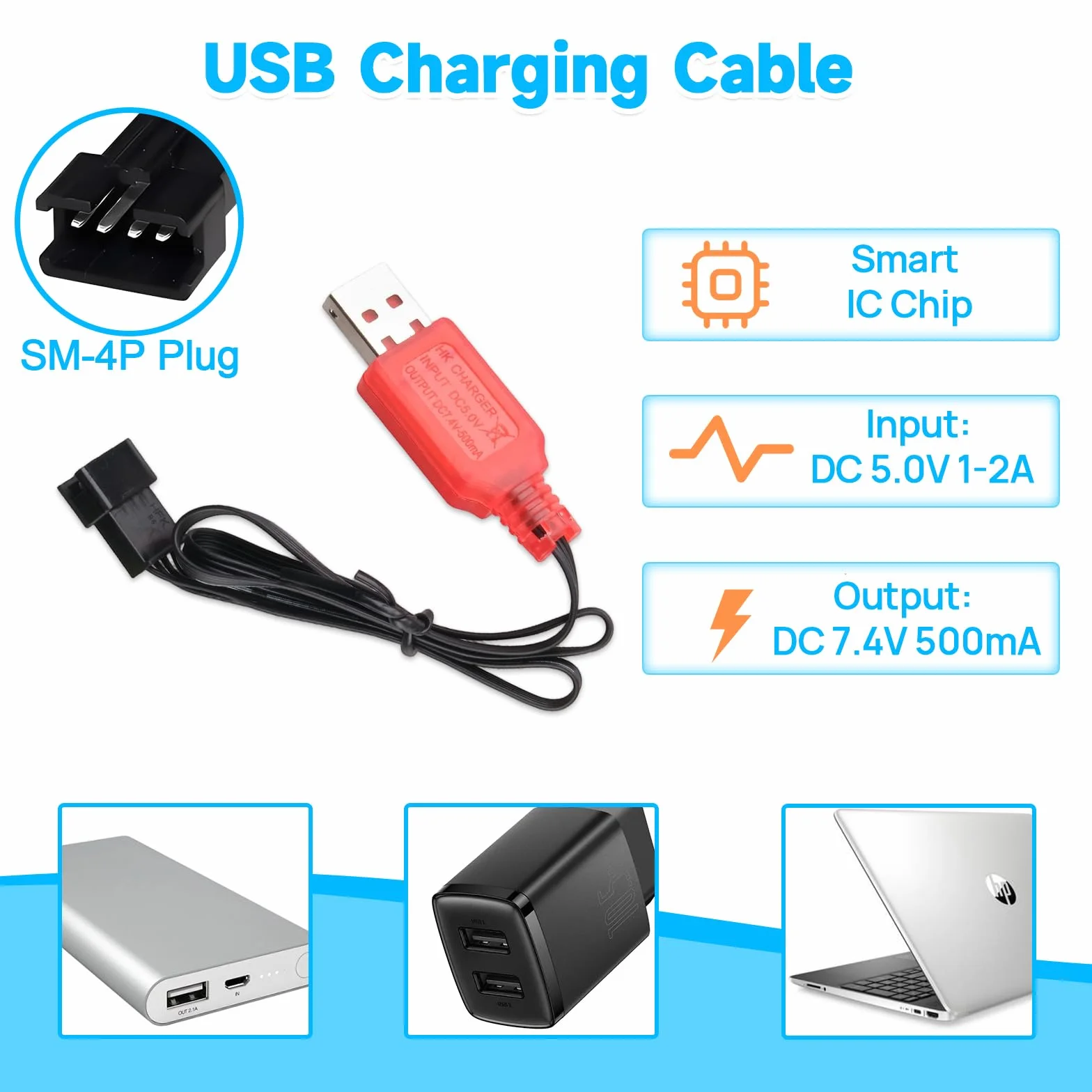 2 sztuki 7,4V 1000mAh bateria litowa z wtyczką SM-4P i kablem ładującym USB do samochodu RC, łodzi, ciężarówki, DE36W DE65 NO.1809 samochód zabawkowy RC, pojazd terenowy, akumulator wyścigowy do