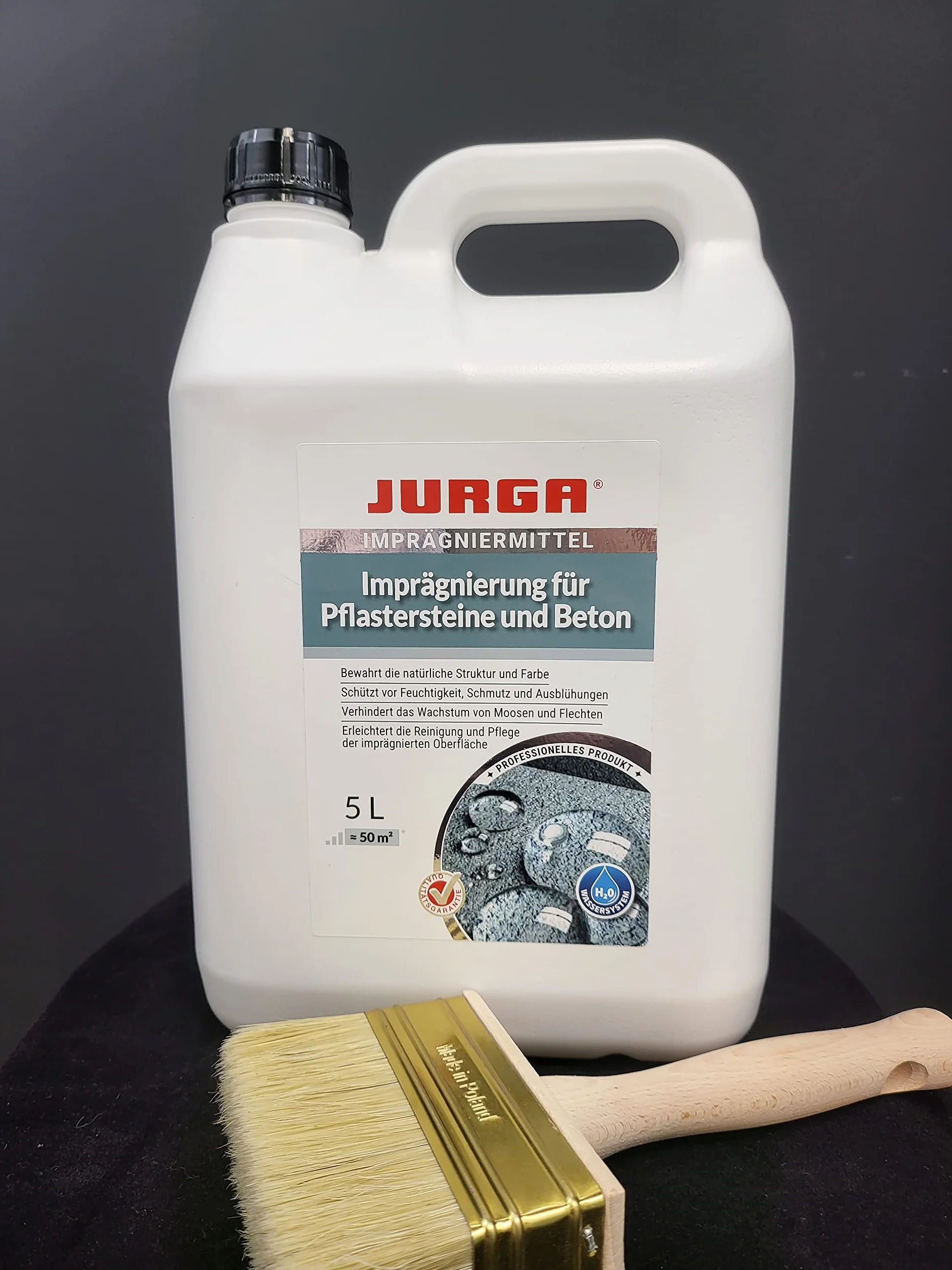 Jurga Proof CR impregnat do bruku i betonu, chroni przed wilgocią i brudem, zapobiega wzrostowi mchu i porostów, zachowuje kolor i strukturę powierzchni 5 l