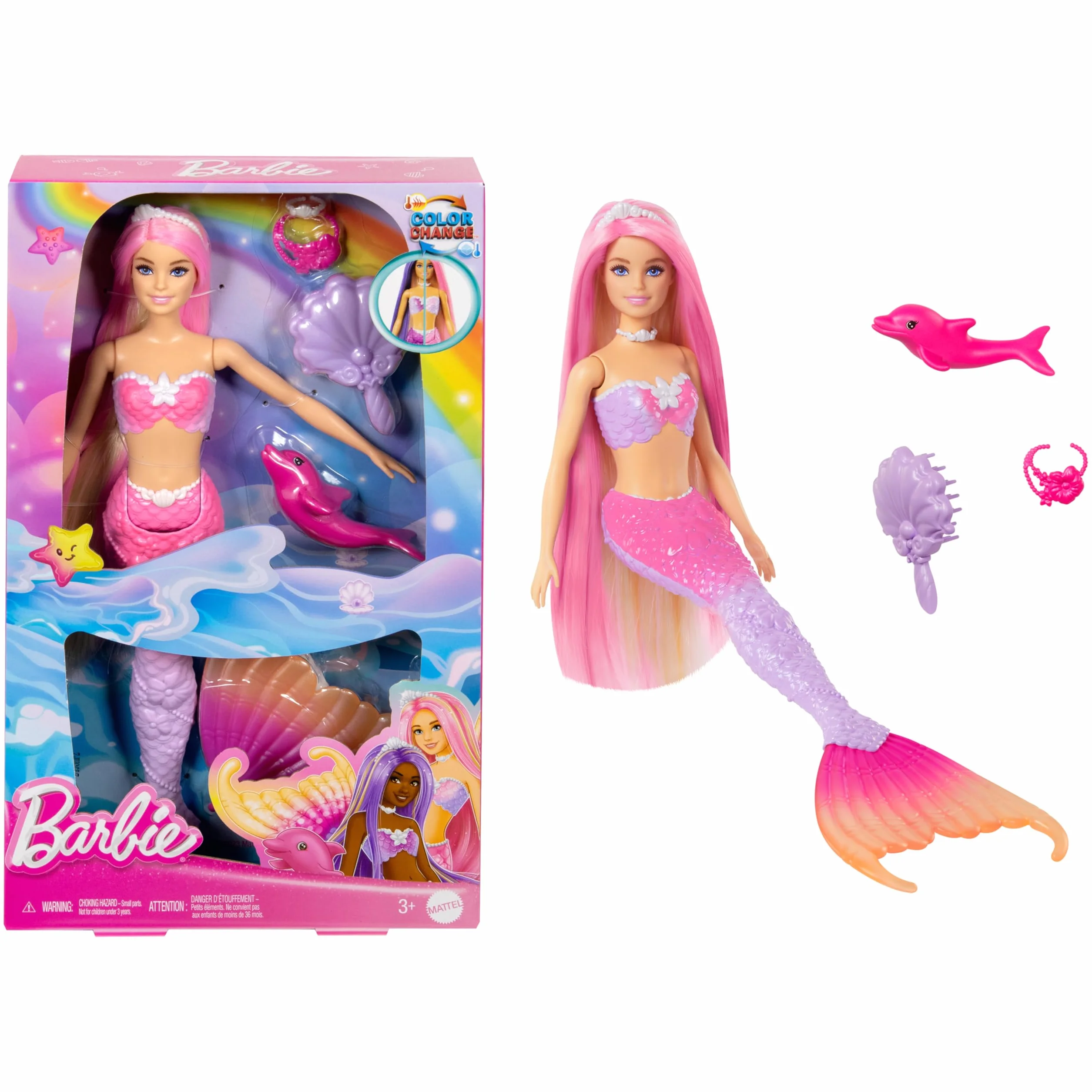 Barbie Malibu Syrenka Zmiana koloru Lalka z różowymi włosami, akcesoriami do stylizacji, delfinkiem i funkcją zmiany koloru aktywowaną wodą, HRP97