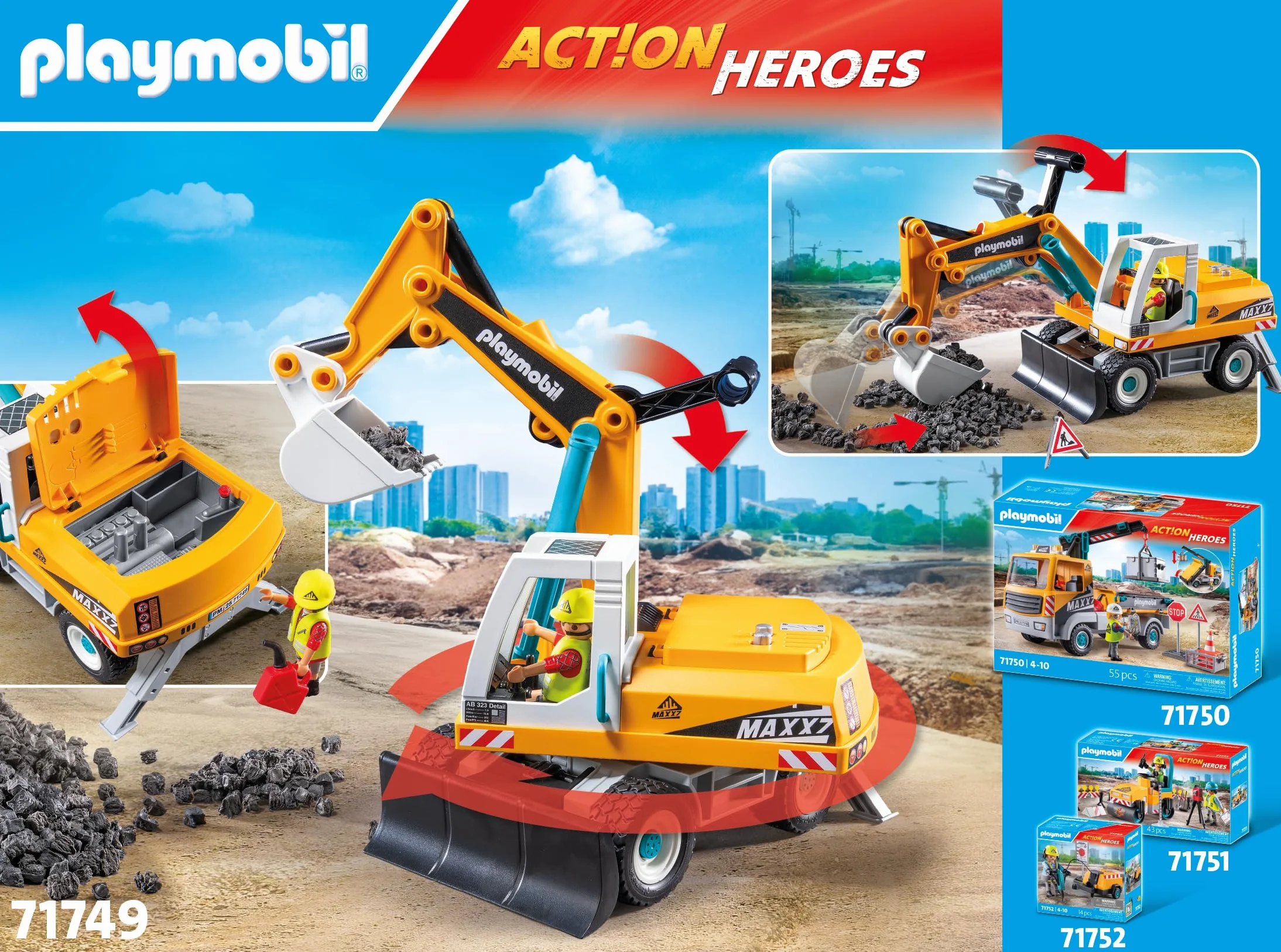 PLAYMOBIL | Action Heroes | Wielki koparka | Zabawka budowlana dla dzieci | Zestaw z koparką | Zabawka dla dzieci powyżej 4 roku życia | 71749