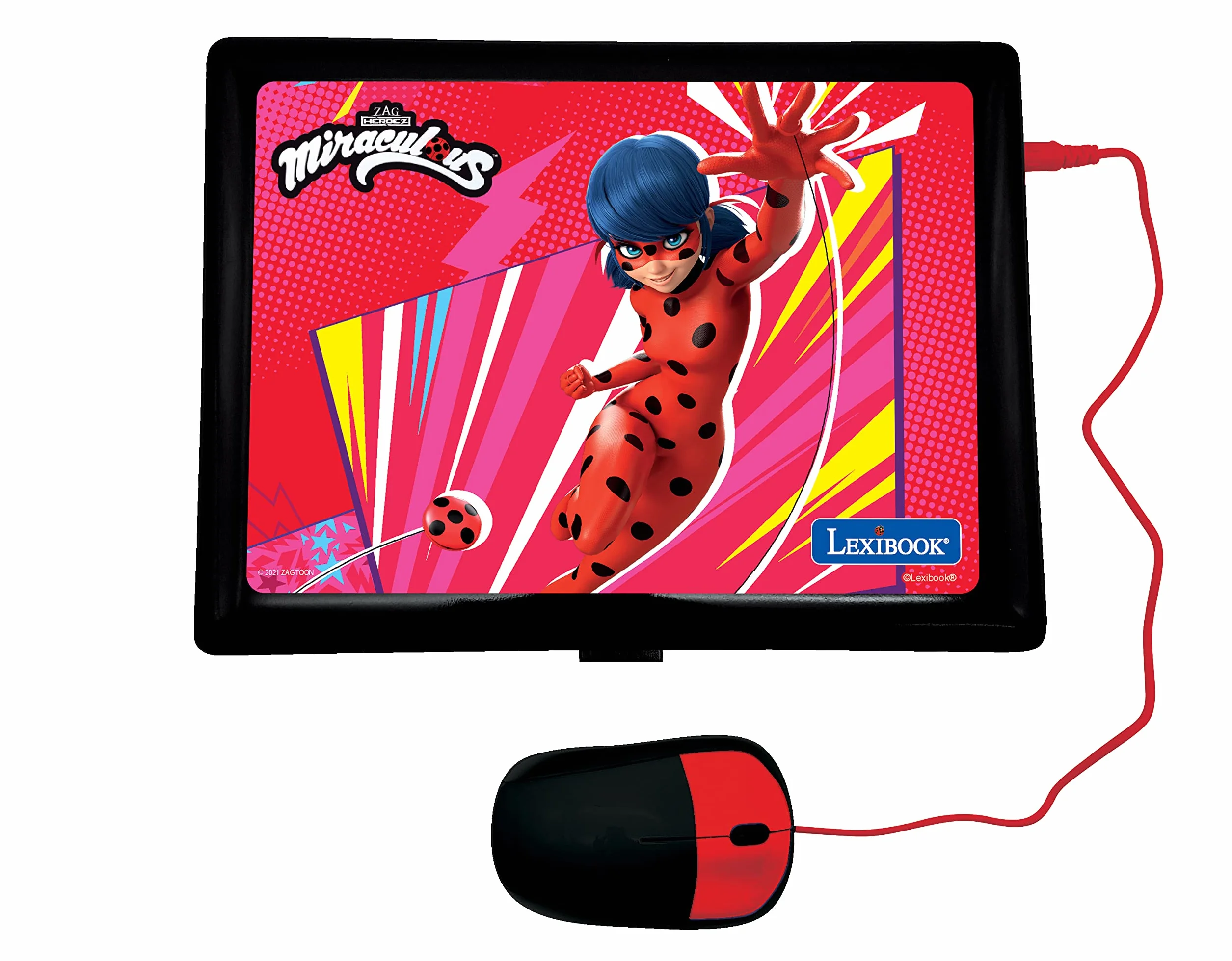 LEXIBOOK, Cudowna biedronka kot noir, edukacyjny i dwujęzyczny laptop niemiecki/angielski, zabawka dla dziecka (chłopcy i dziewczęta), 124 aktywności do nauki, grania w gry i muzykę, czerwony/czarny