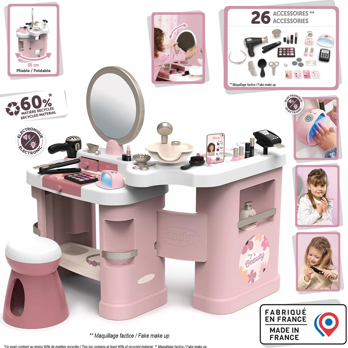 Smoby - My Beauty Center - 3 w 1 Beauty Institute - Fryzjerstwo, Salon paznokci, Sztuczny makijaż - 26 akcesoriów - Materiał z recyklingu - Od 3 lat - Wyprodukowano we Francji