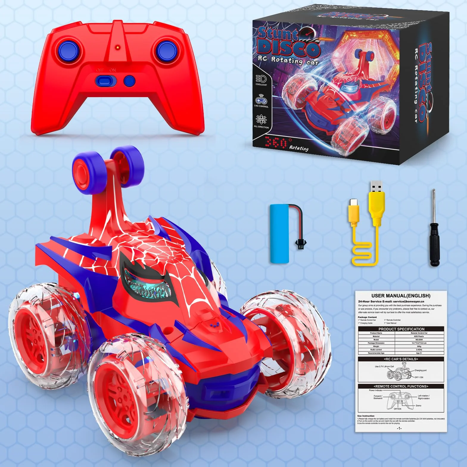 Samochód zdalnie sterowany pająk, sterowanie radiowe 2,4 GHz Monster Truck ze światłami RC samochody zabawki 3 4 5 6 7 8 9 10 lat, zdalnie sterowany samochód 360° urodziny dzieci prezenty świąteczne