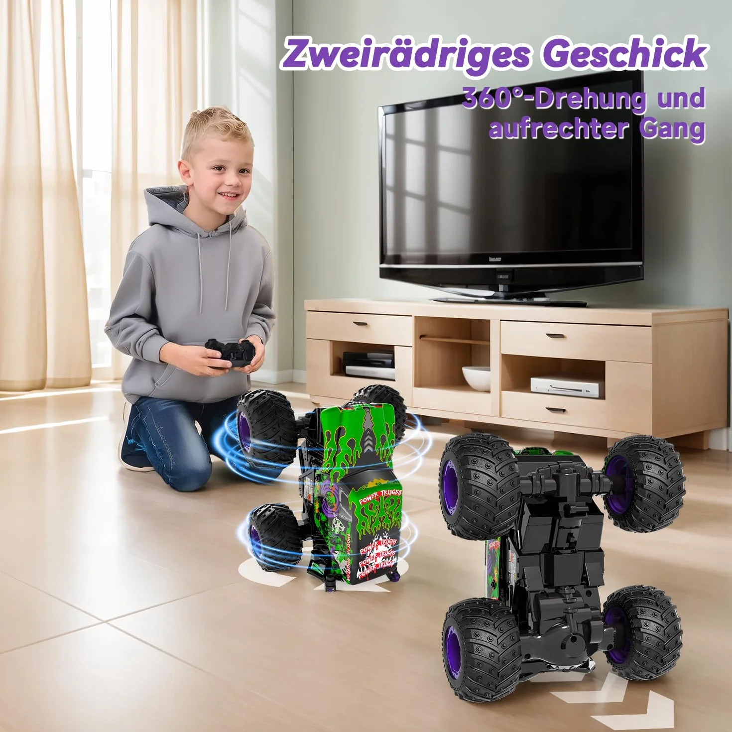 Monster Truck zdalnie sterowany, 20 km/h, Monster Truck ze światłem i muzyką, 2,4 GHz zdalnie sterowany samochód z obrotem 360°, 1/20 Monstertruck z 100 min, 3 4 5 6 7 8 lat chłopiec