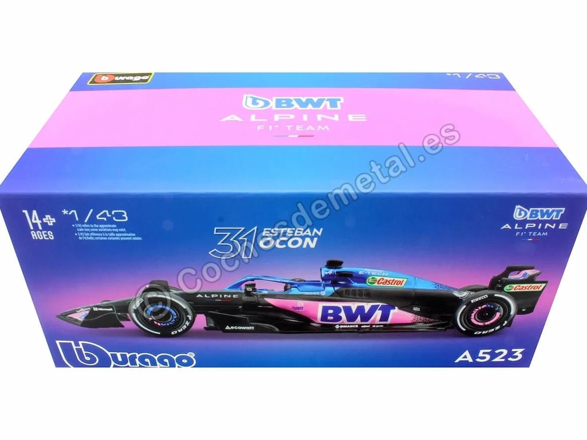 Bburago - Charles Ocon Alpine 1 Formuła 2023 z kaskiem - Reprodukcja pojazdu 1/43 - Kolekcja wyścigów - Zabawka dla dzieci do kolekcjonowania od 3 lat - 38073O